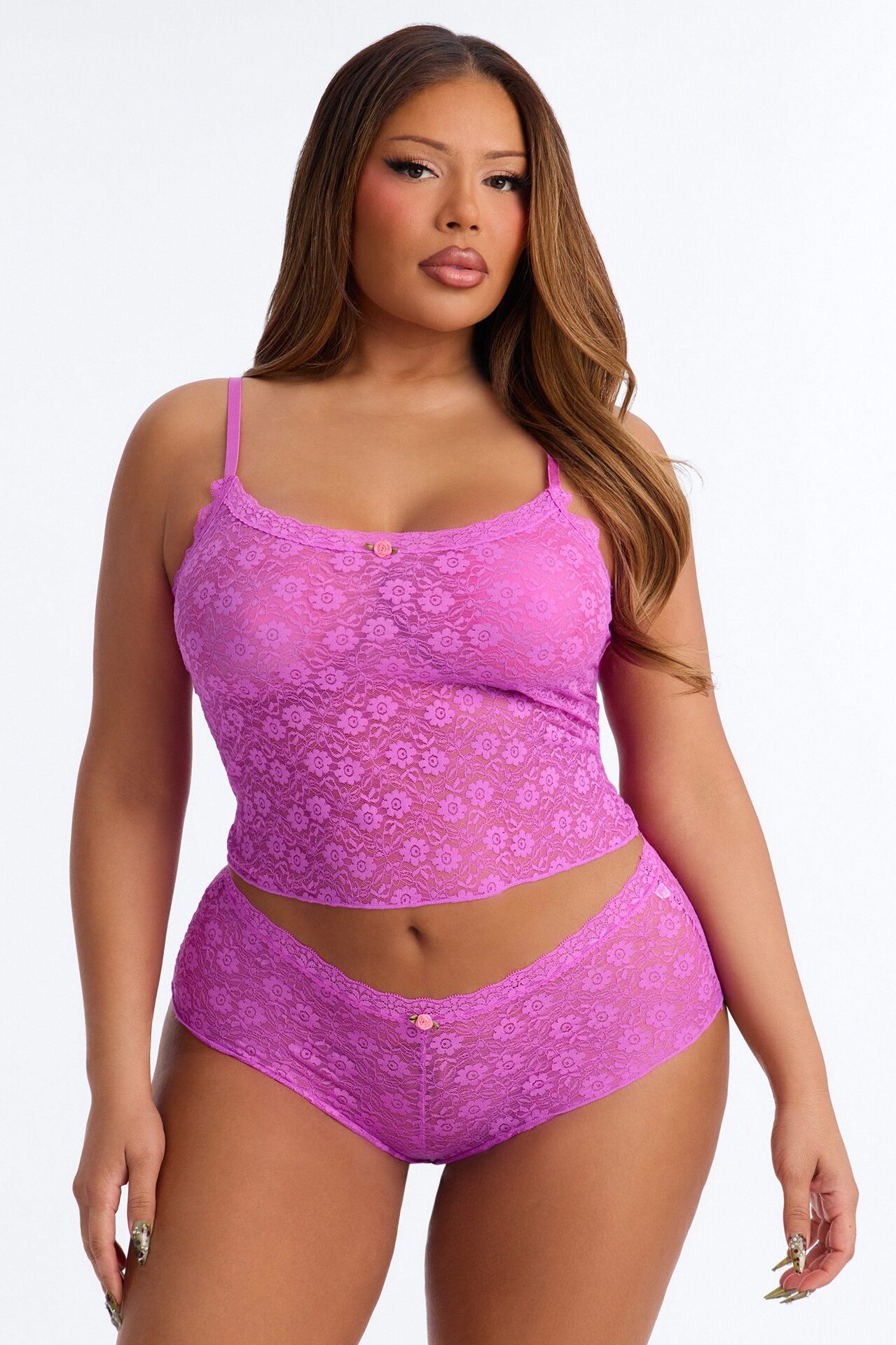Divine Desire Floral Lace Cami Boyshort 2 Piece Set - Fuchsia