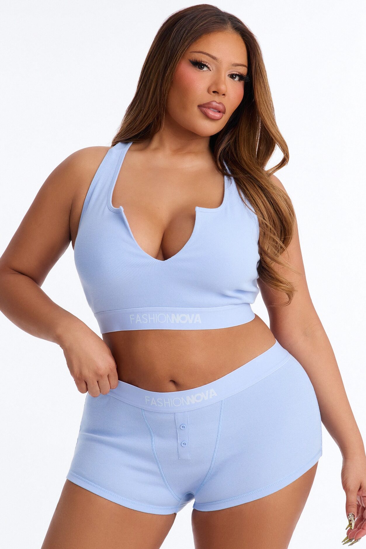 FN Mood Cotton Bralette Boxer Short Ribbed Set - Light Blue