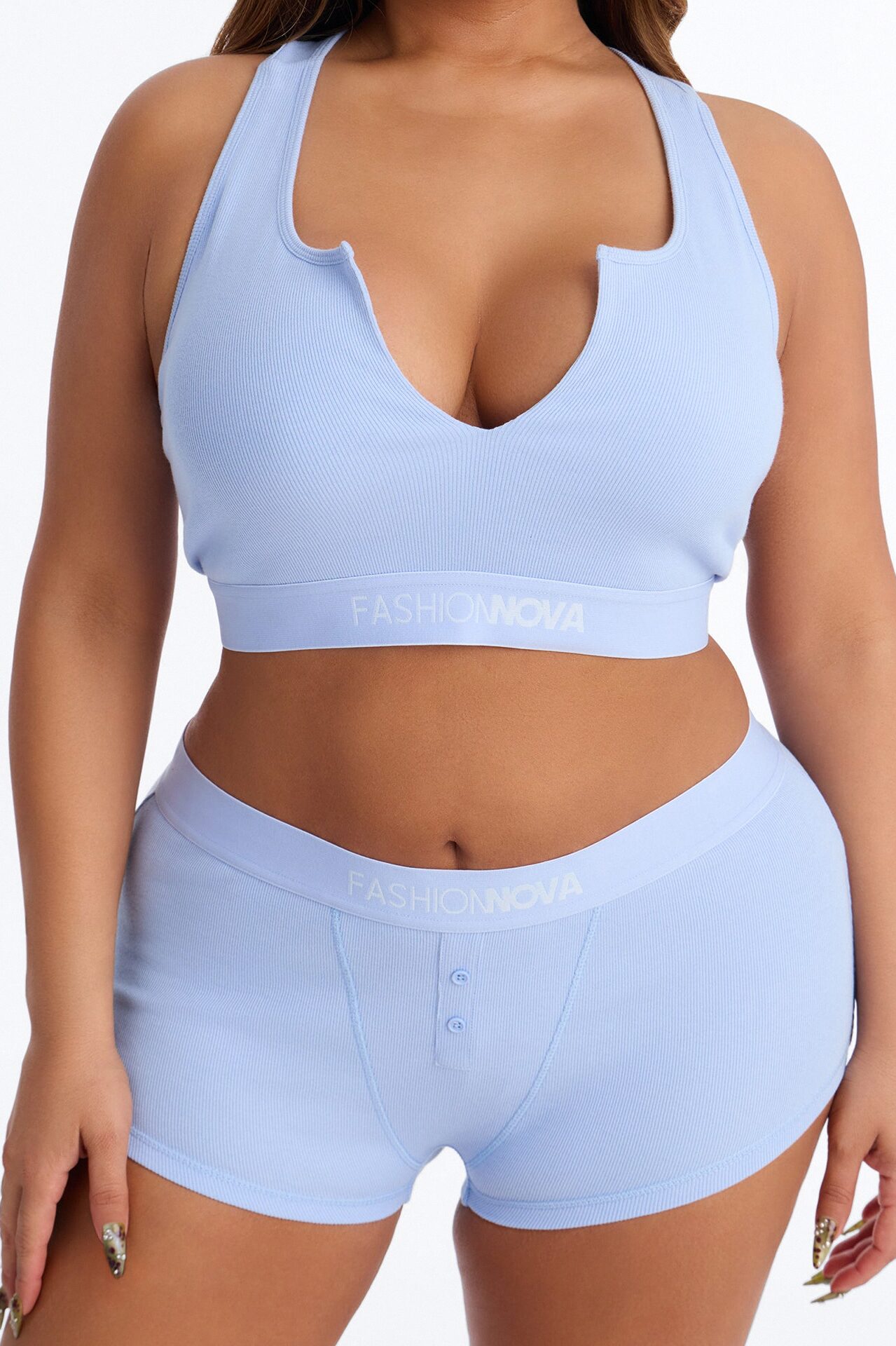 FN Mood Cotton Bralette Boxer Short Ribbed Set - Light Blue