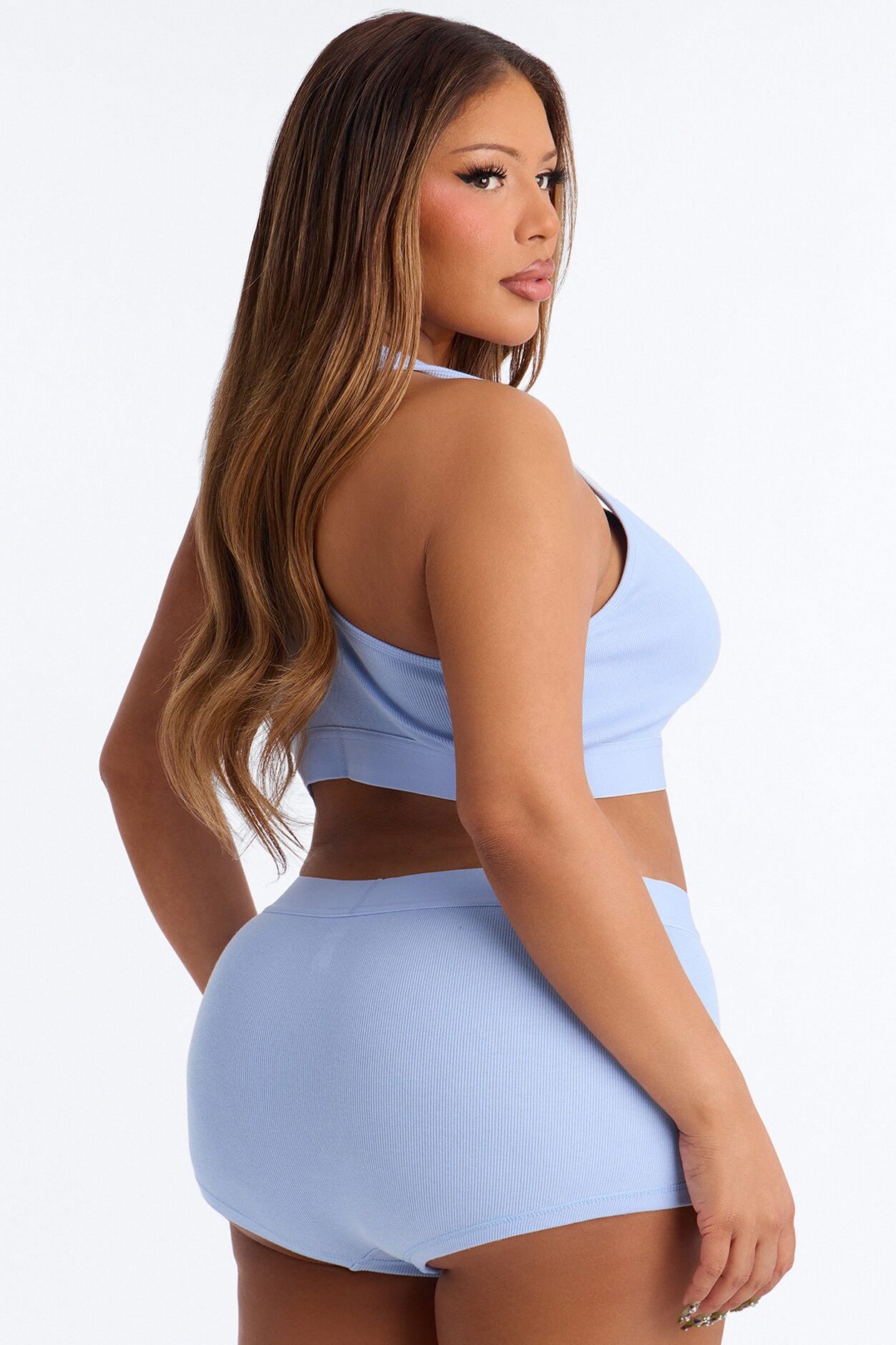 FN Mood Cotton Bralette Boxer Short Ribbed Set - Light Blue