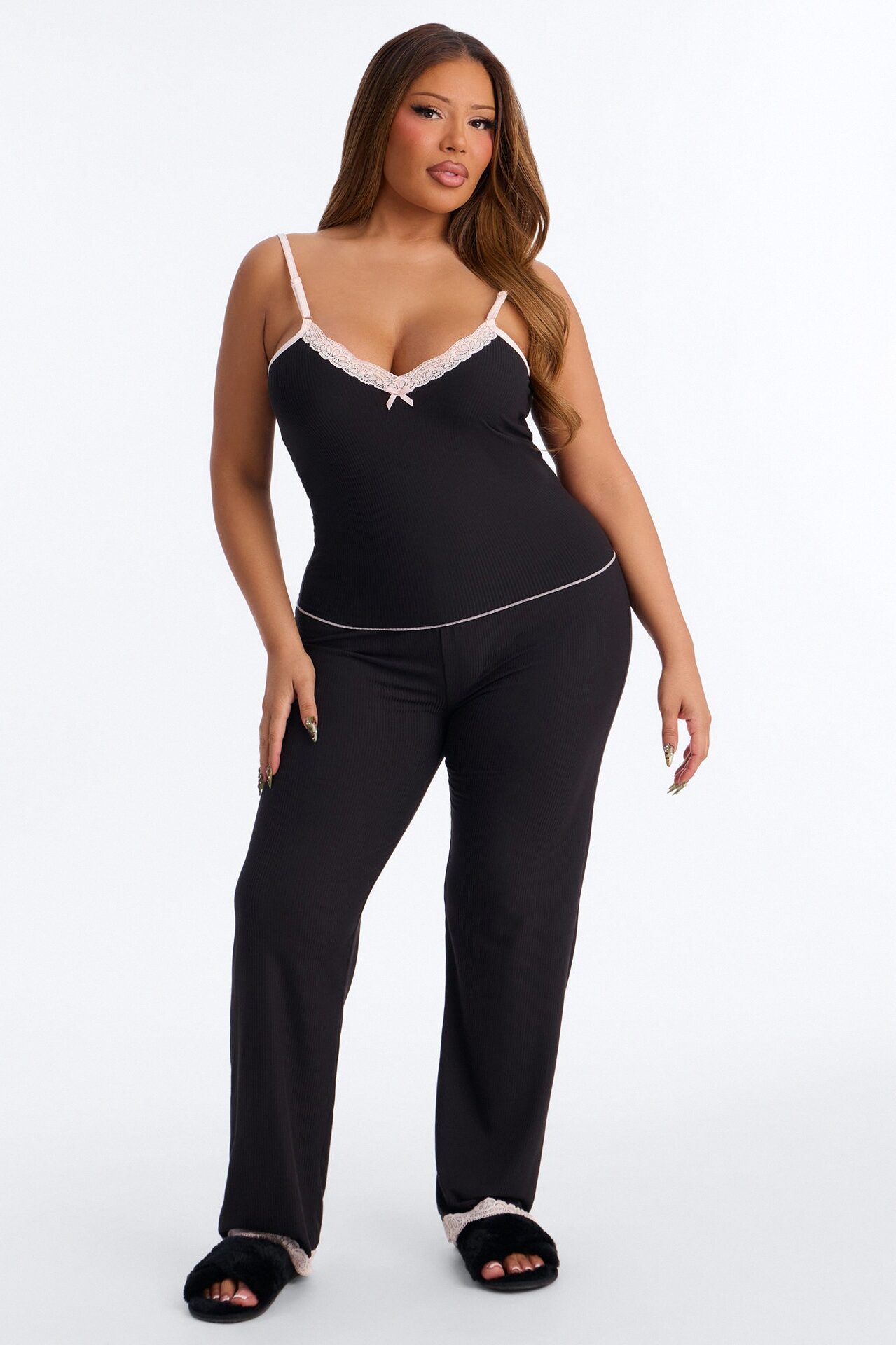 Always On My Mind Ribbed PJ Pant Set - Black/Pink