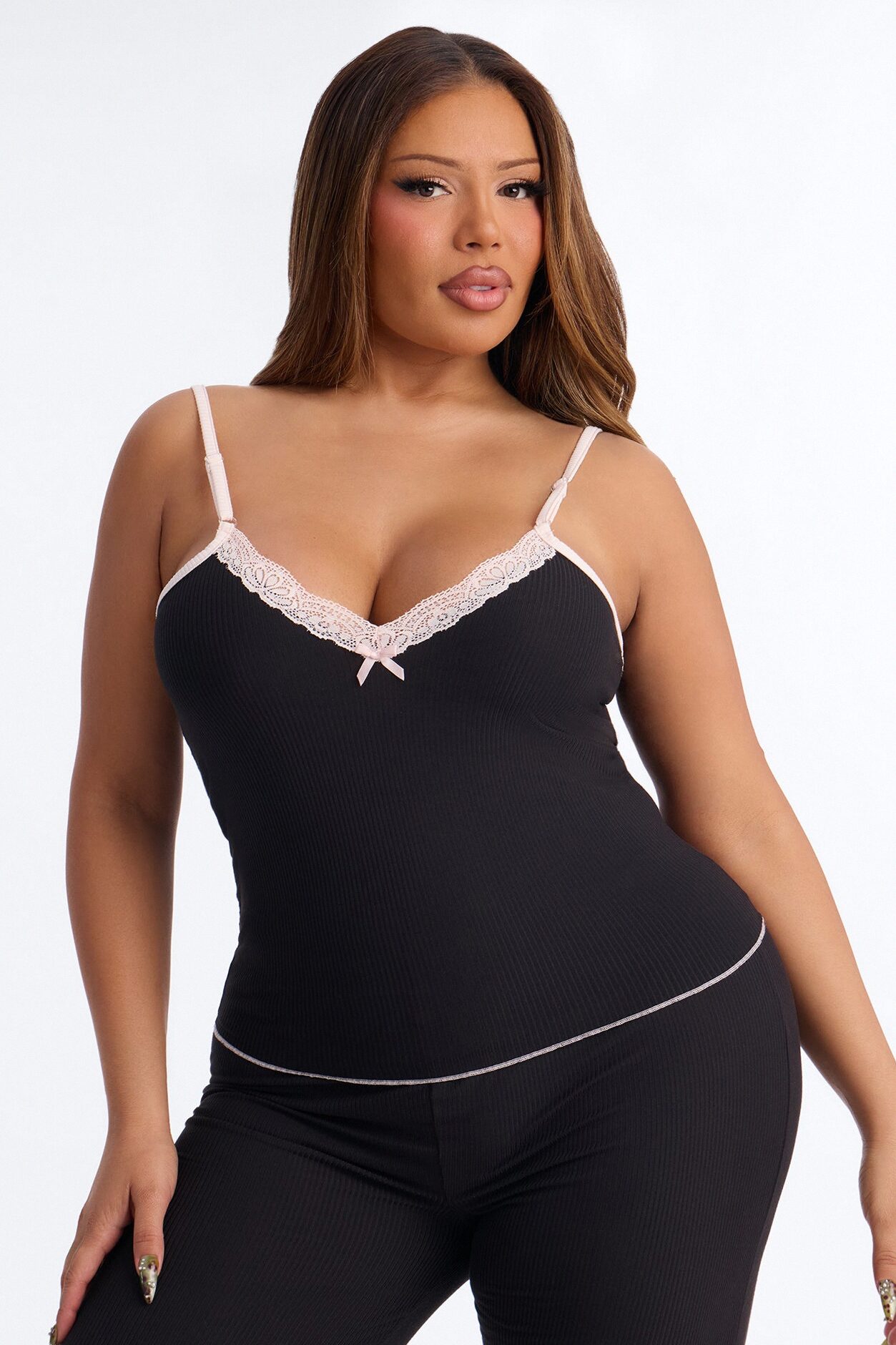 Always On My Mind Ribbed PJ Pant Set - Black/Pink