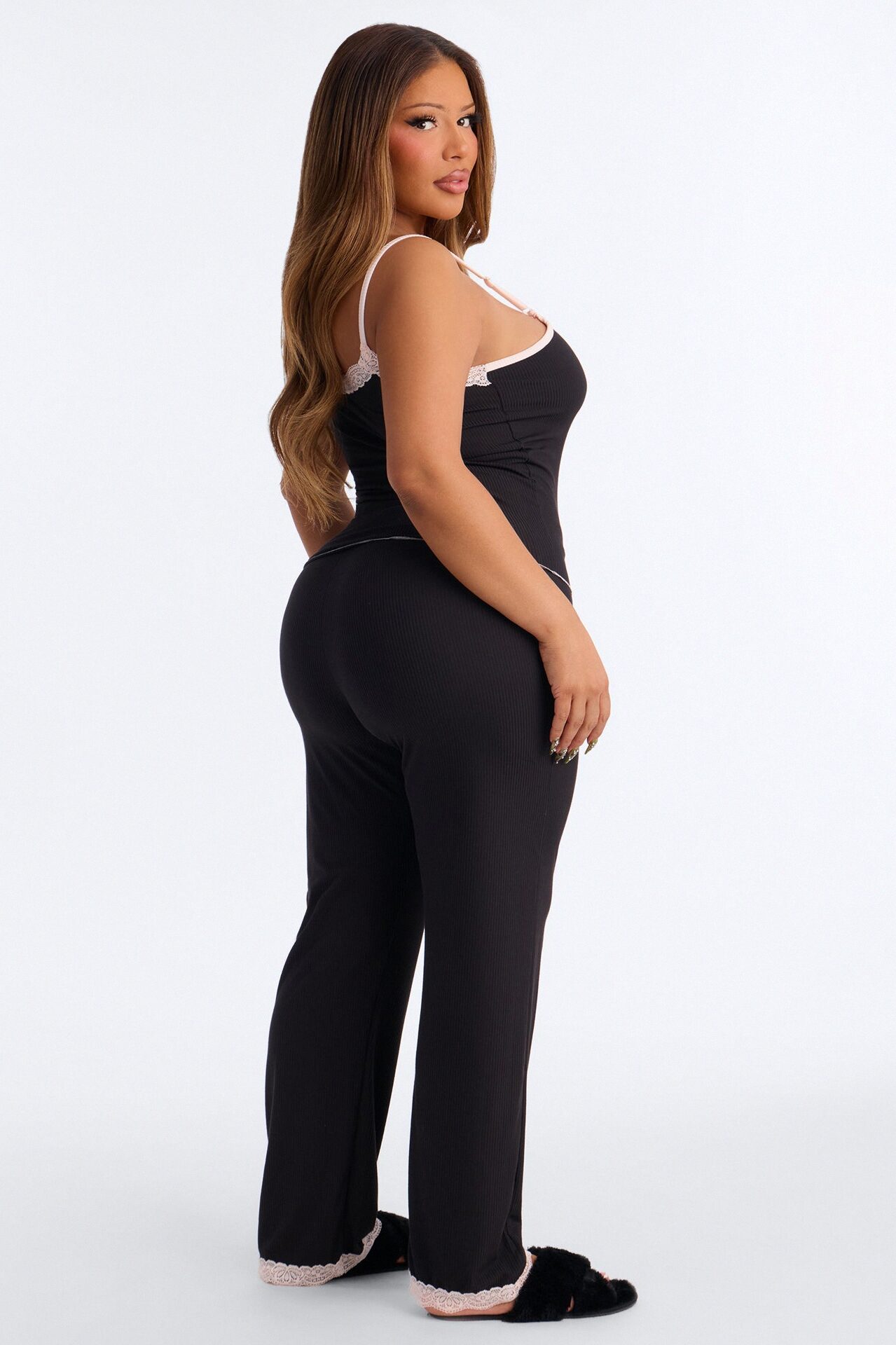 Always On My Mind Ribbed PJ Pant Set - Black/Pink
