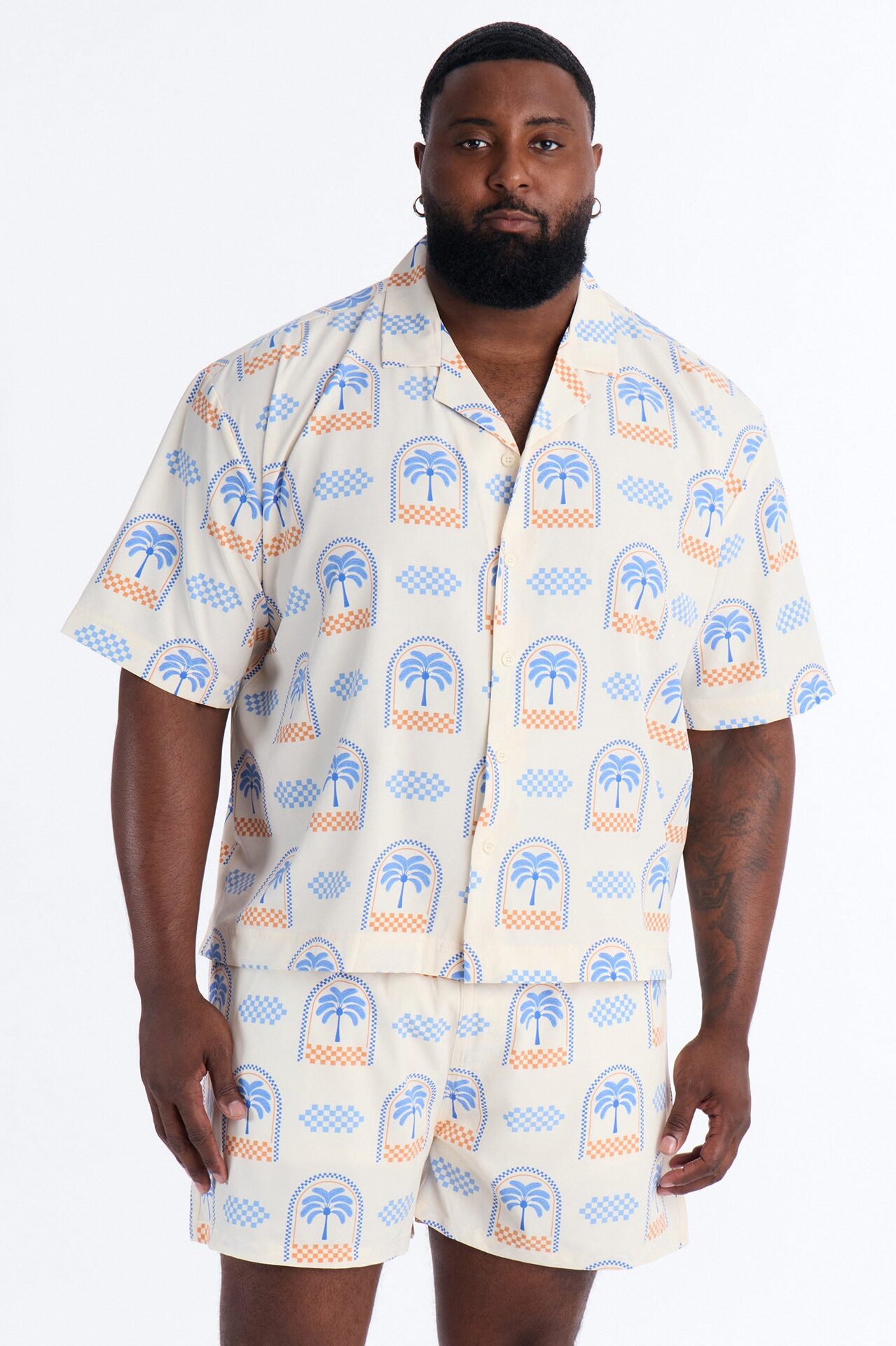 Coastal Palm Grid Cuban Collar Button Up Shirt - White/Blue