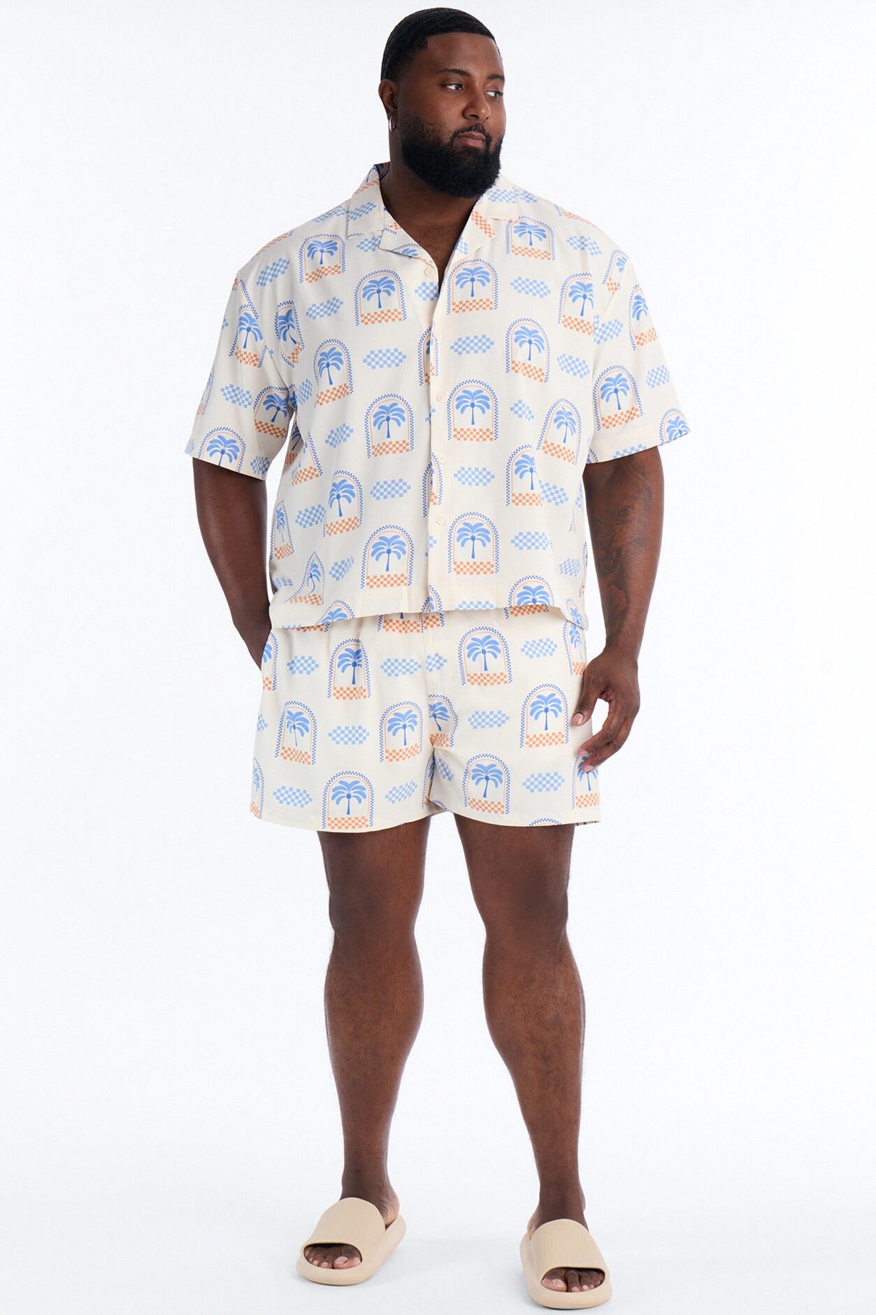 Coastal Palm Grid Cuban Collar Button Up Shirt - White/Blue