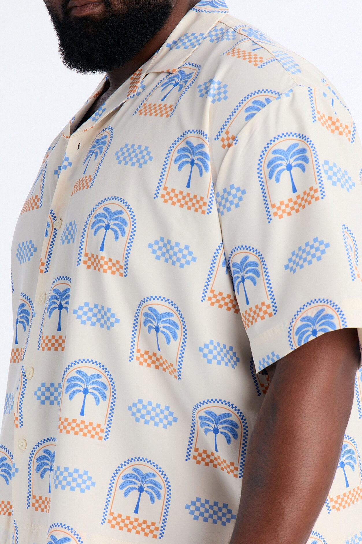 Coastal Palm Grid Cuban Collar Button Up Shirt - White/Blue