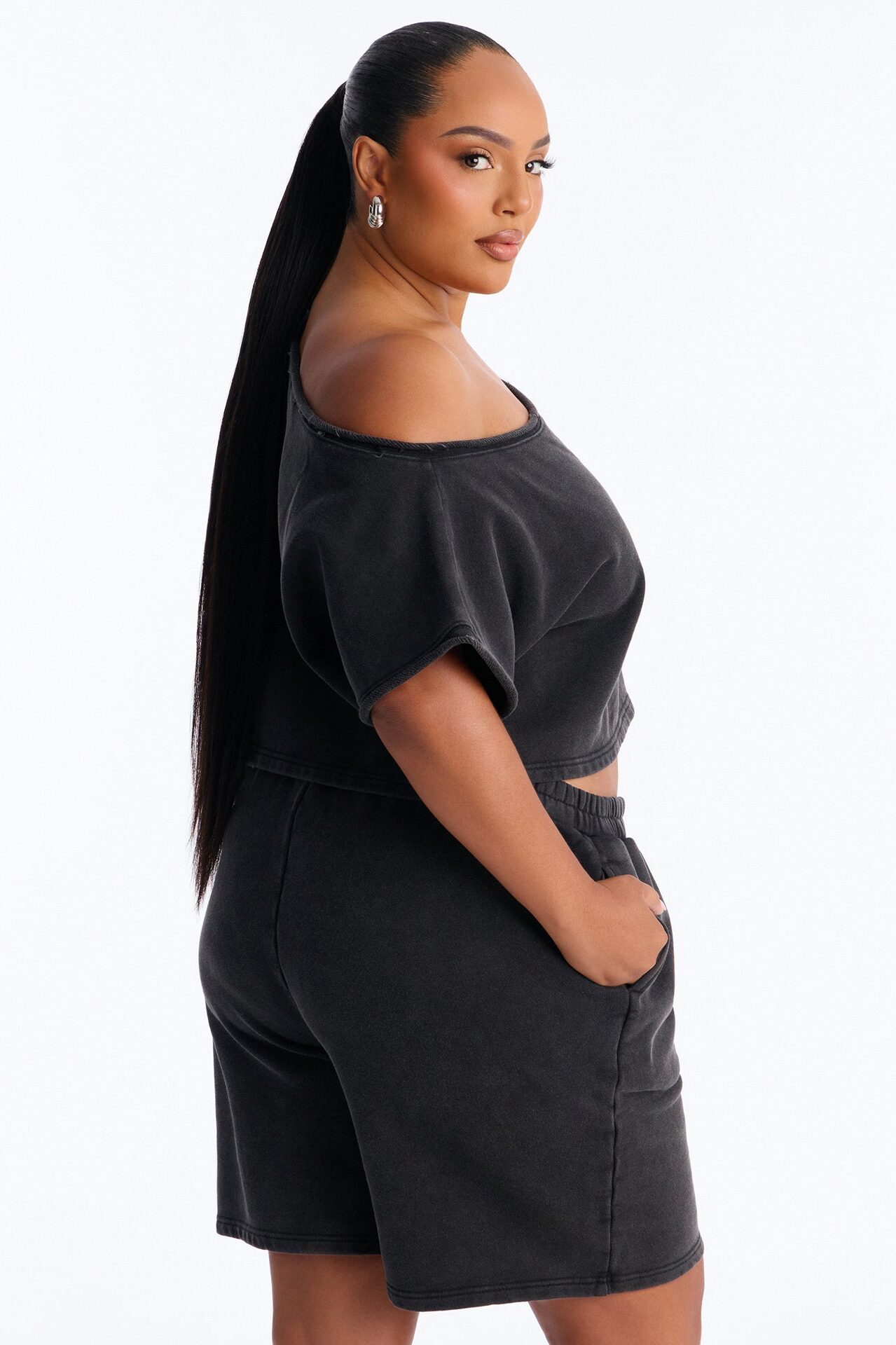 Shia Off Shoulder Short Set - Charcoal
