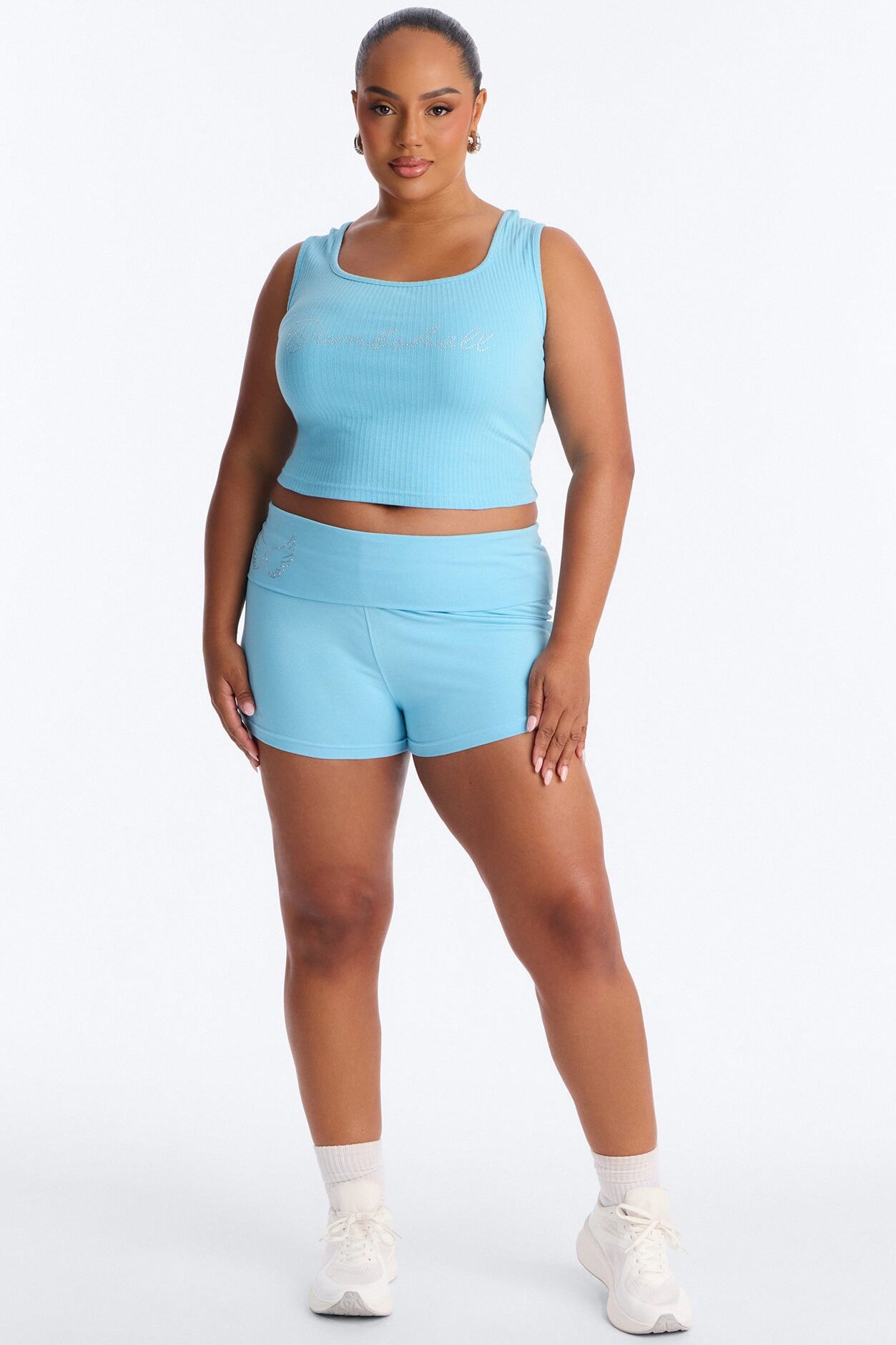 Bombshell Fold Over Waist Short Set - Light Blue