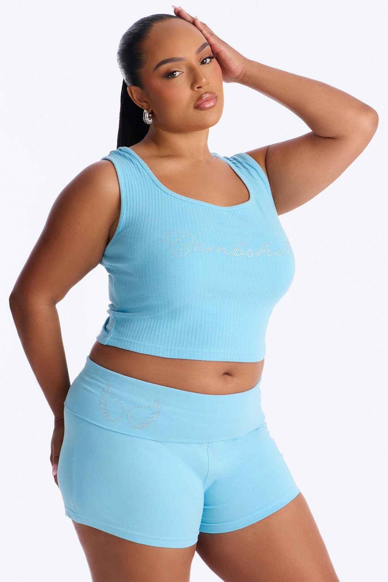 Bombshell Fold Over Waist Short Set - Light Blue