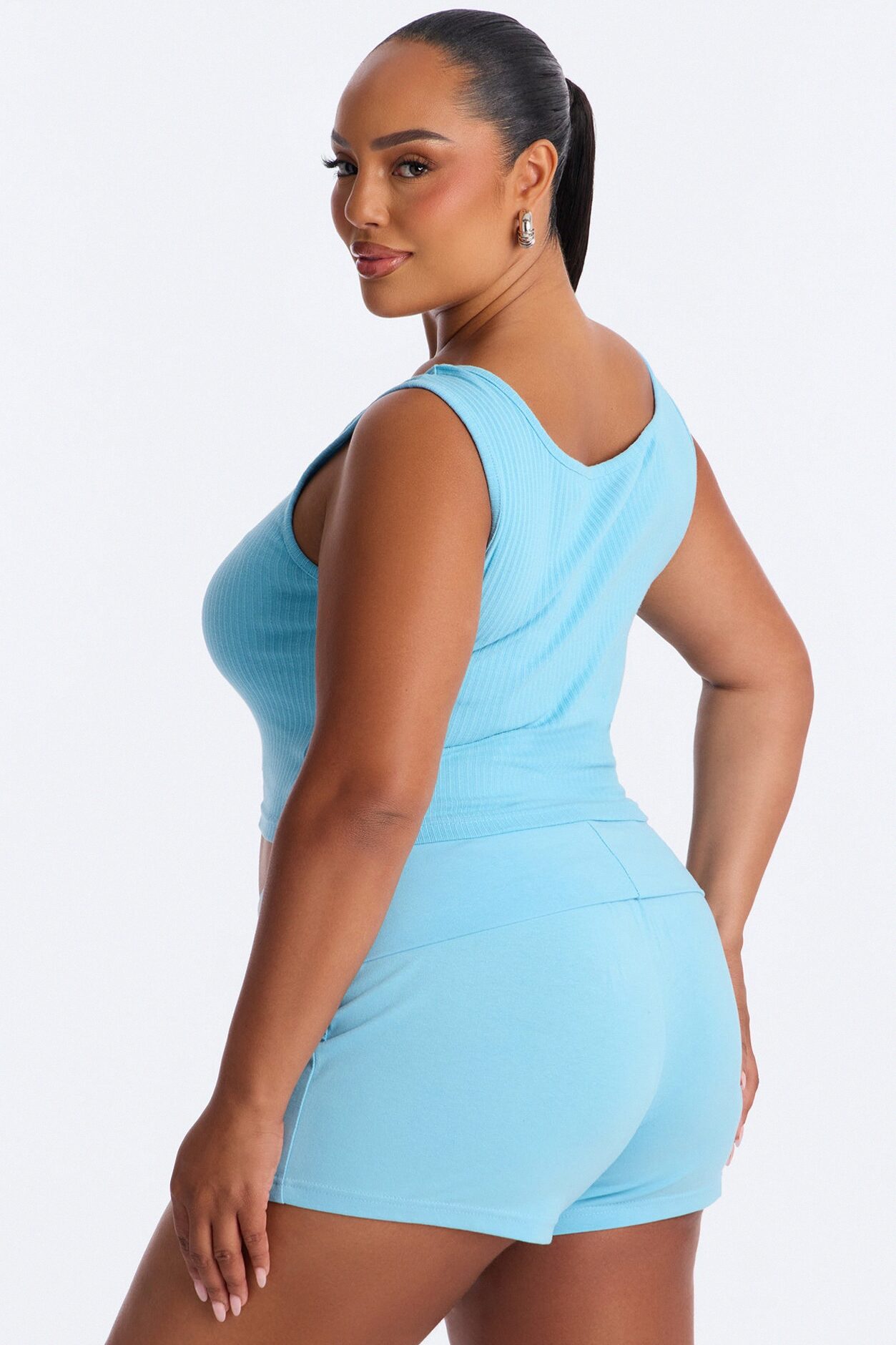 Bombshell Fold Over Waist Short Set - Light Blue