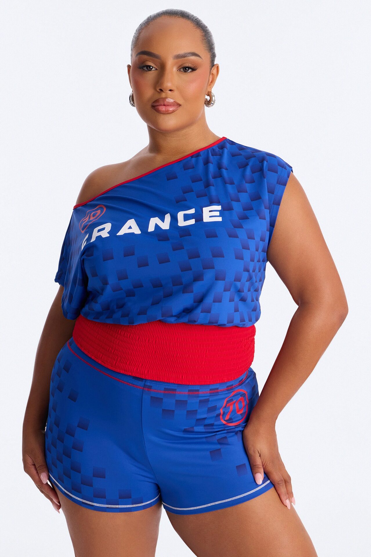 France 70' Off Shoulder Smocked Short Set - Blue/combo