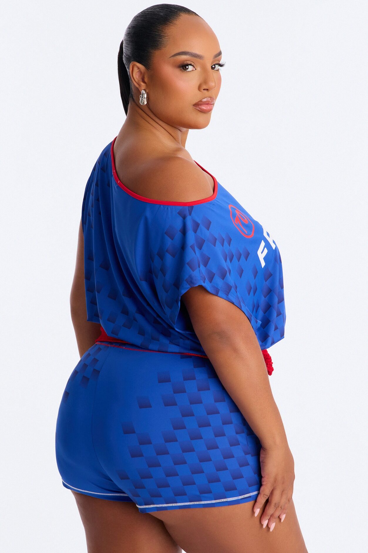 France 70' Off Shoulder Smocked Short Set - Blue/combo