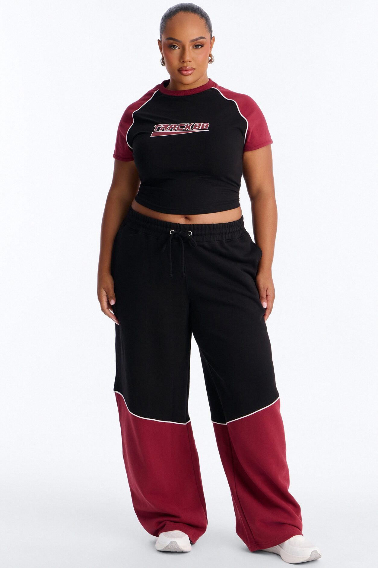 Calia Colorblock French Terry Barrel Leg Pant Set - Black/Red