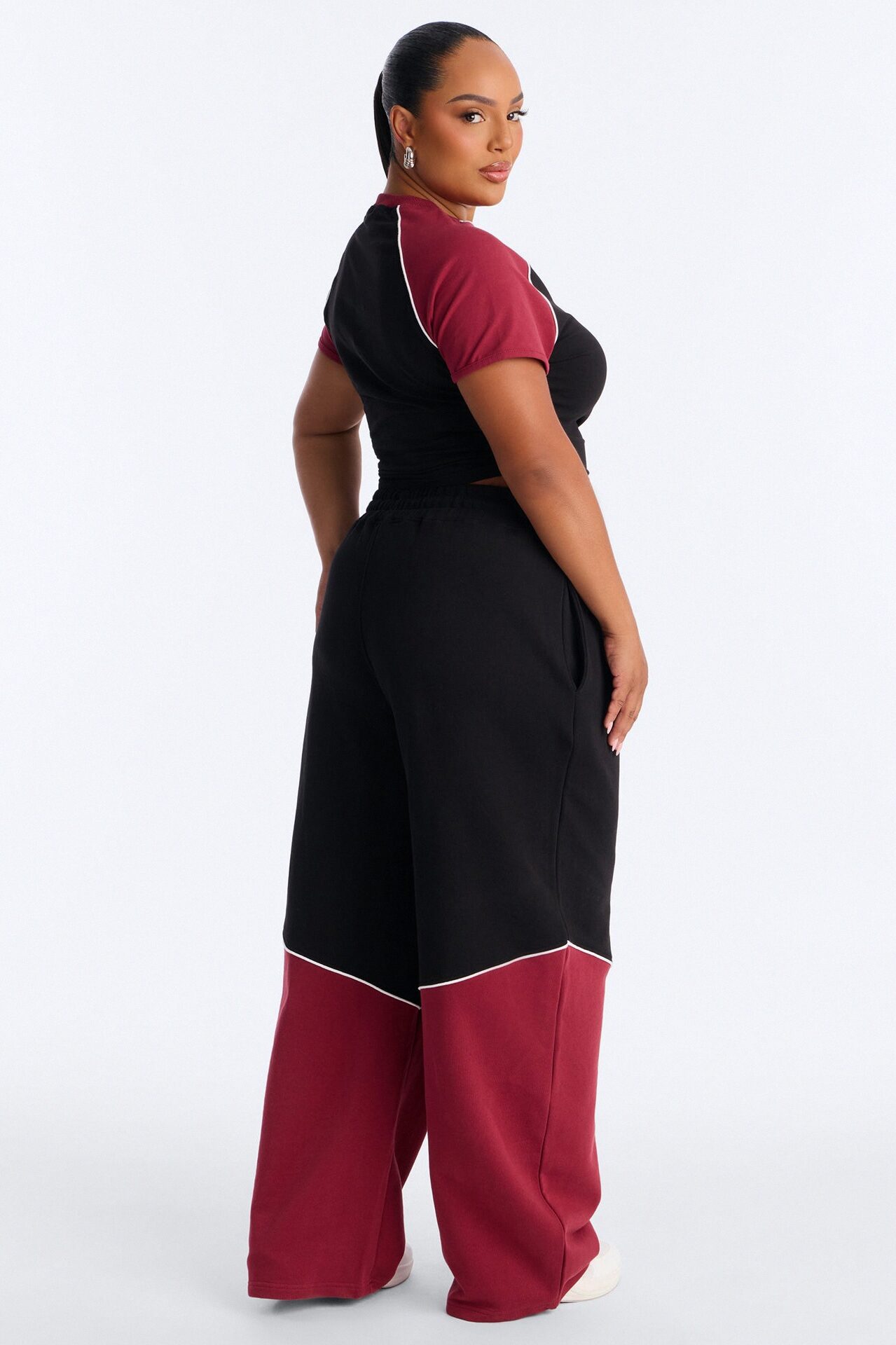 Calia Colorblock French Terry Barrel Leg Pant Set - Black/Red