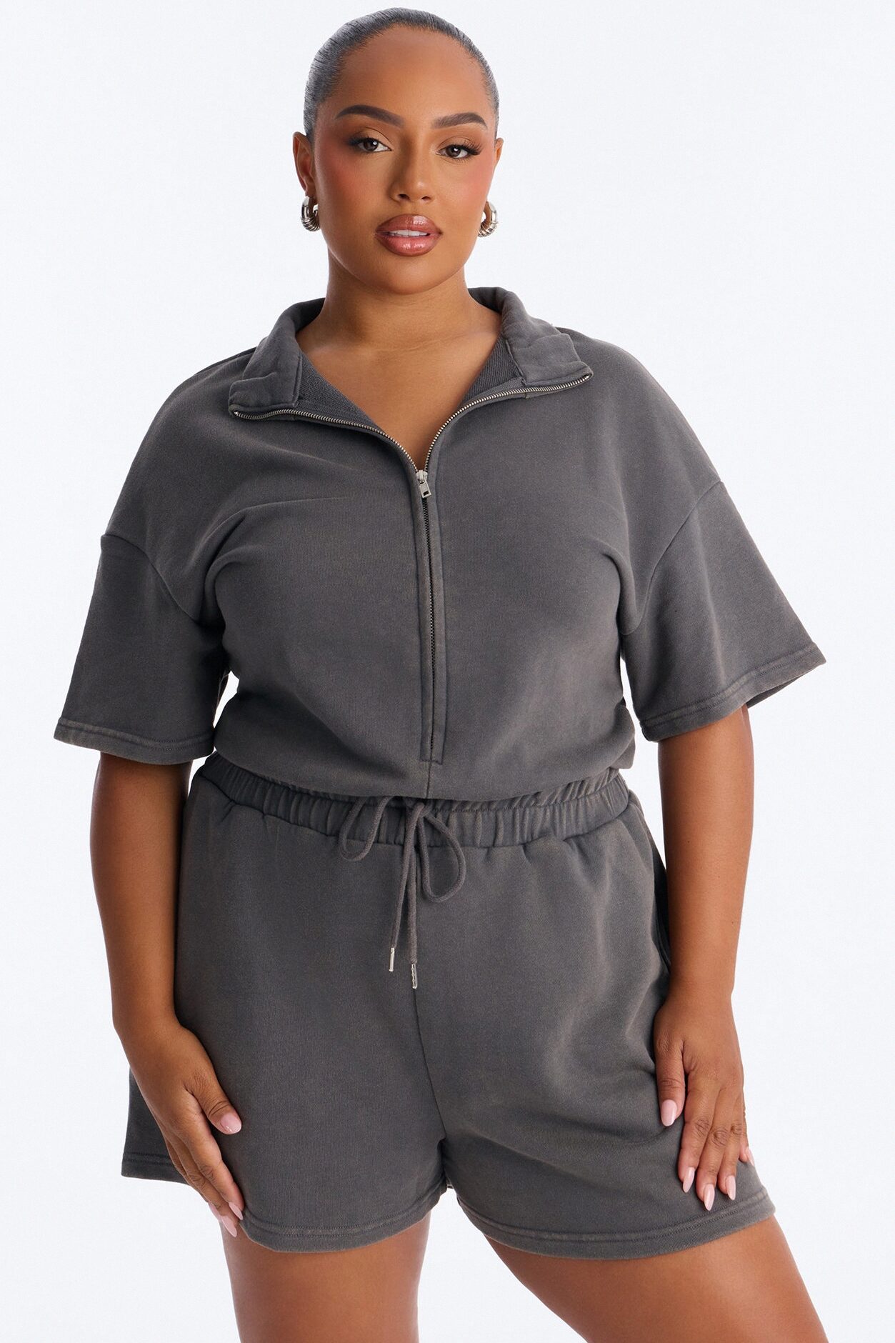 Busy Schedule Washed French Terry Romper - Charcoal