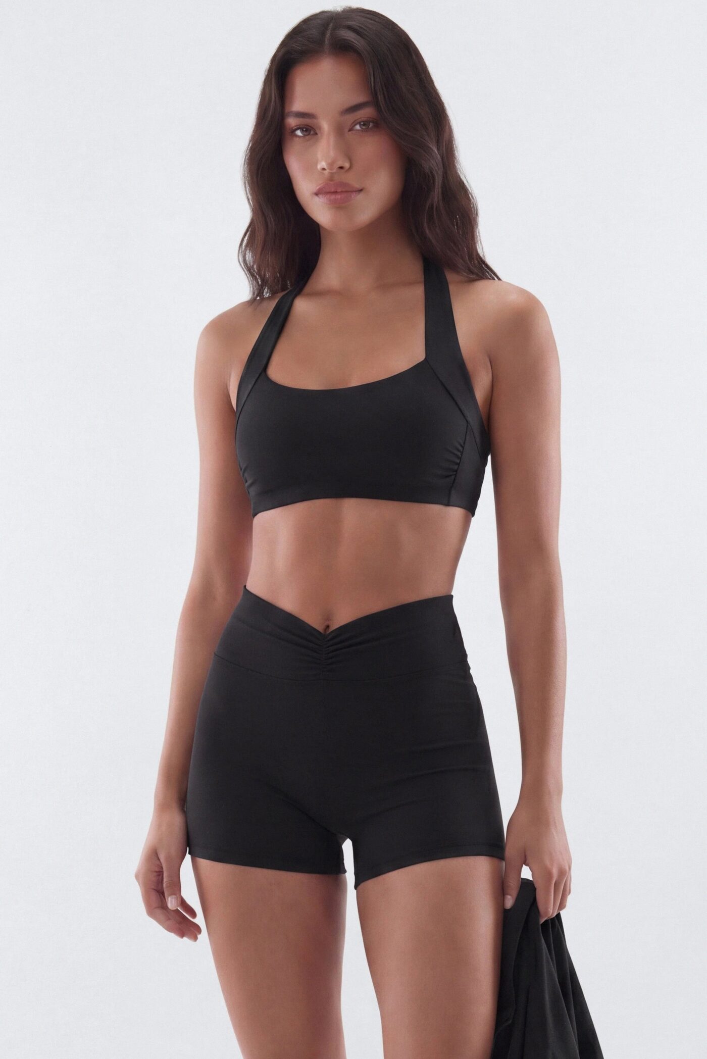 ButterSoft Ruched Halter Sports Bra - Black