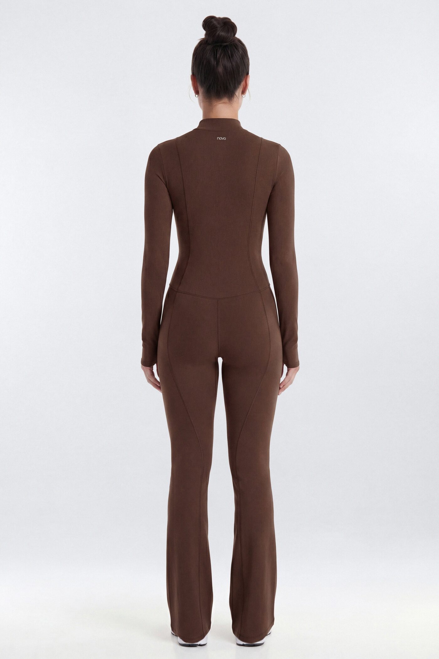 CloudForm™ 32″ Mock Neck Long Sleeve Flare Jumpsuit - Brown