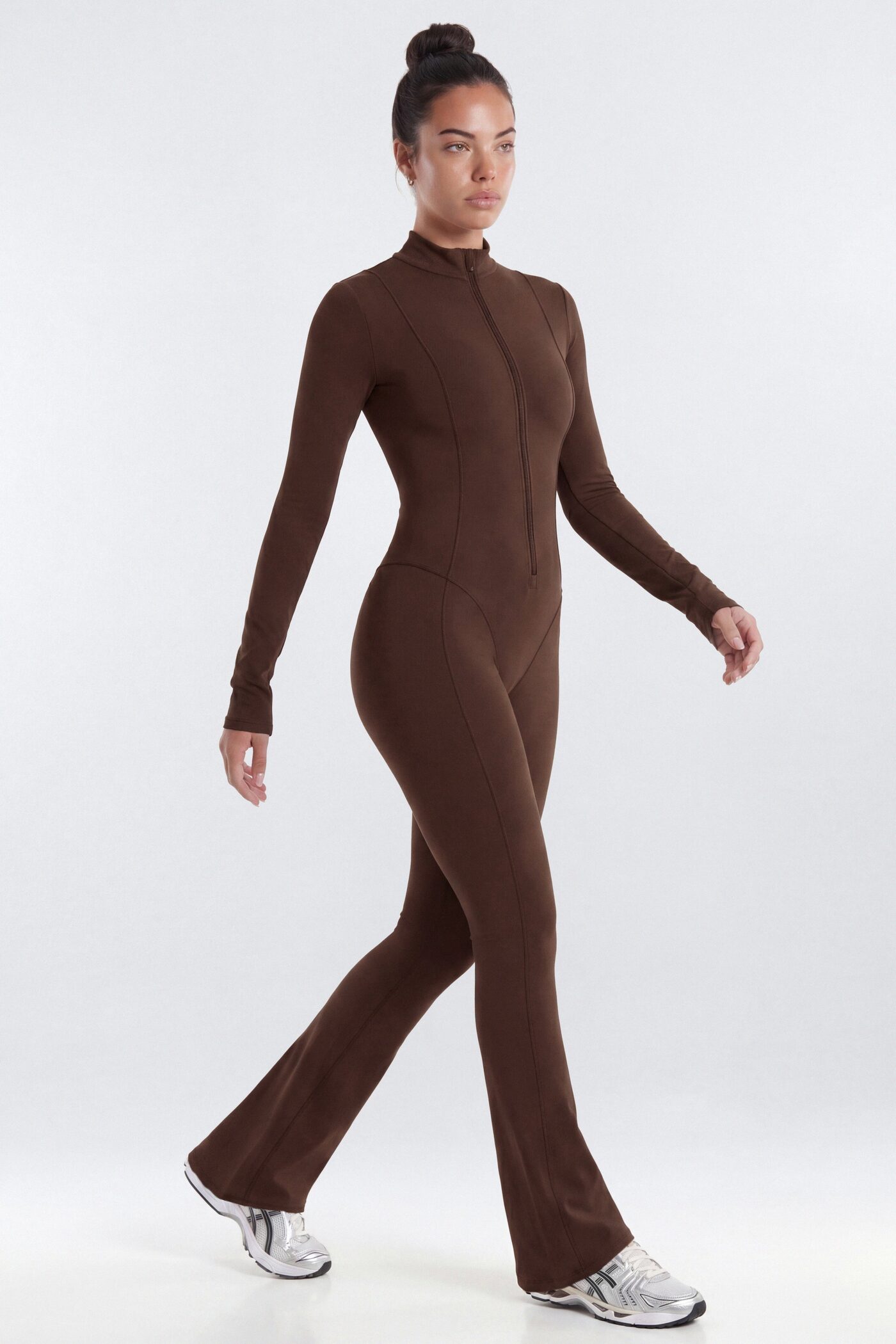 CloudForm™ 32″ Mock Neck Long Sleeve Flare Jumpsuit - Brown