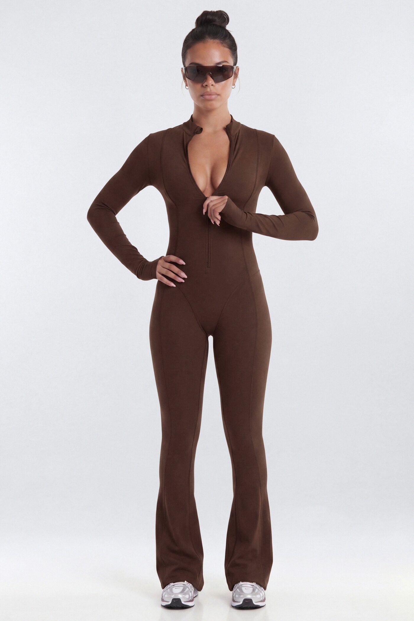 CloudForm™ 32″ Mock Neck Long Sleeve Flare Jumpsuit - Brown