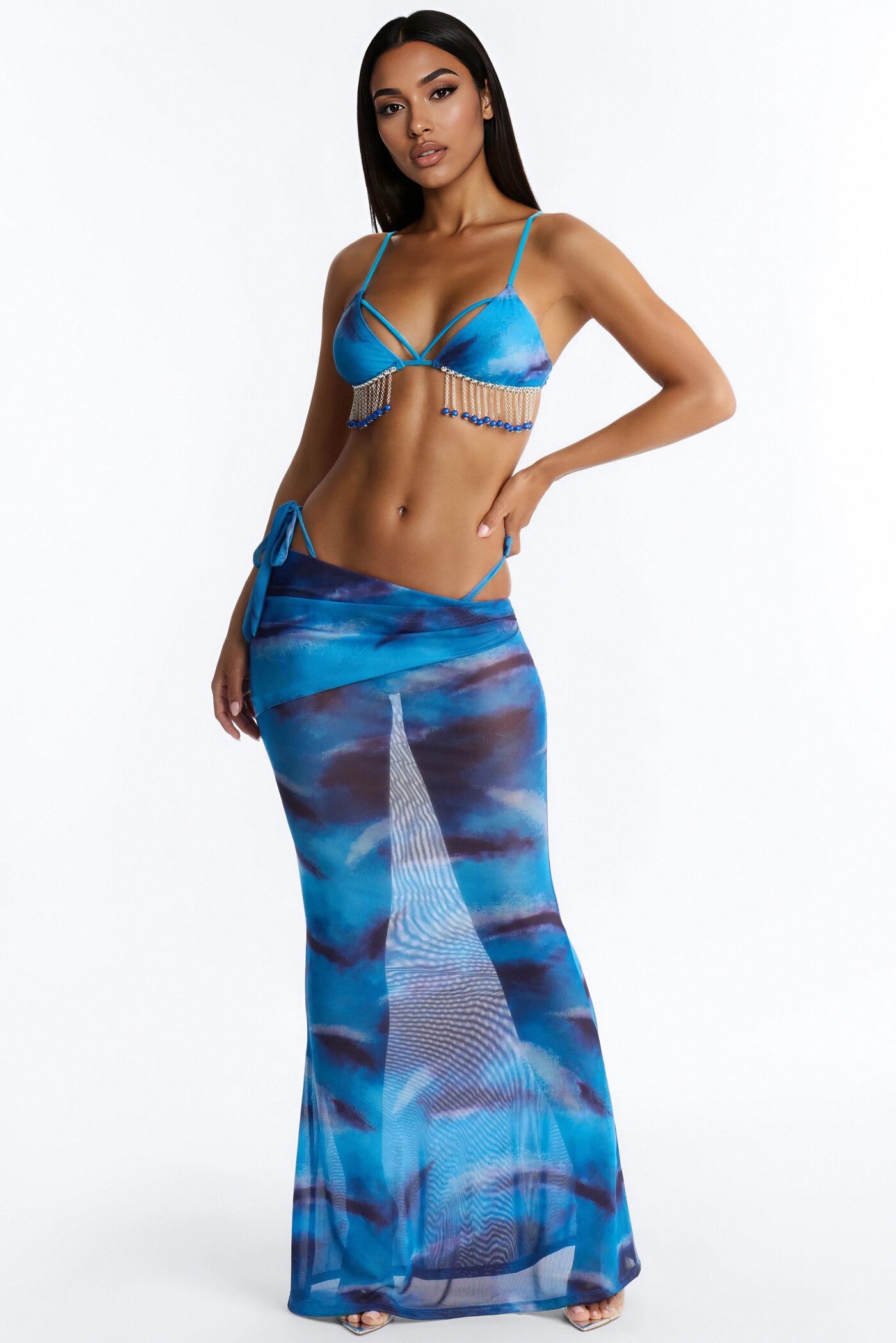 Teardrops In The Sea Beaded Chain 3 Piece Mesh Bikini Set - Blue/combo