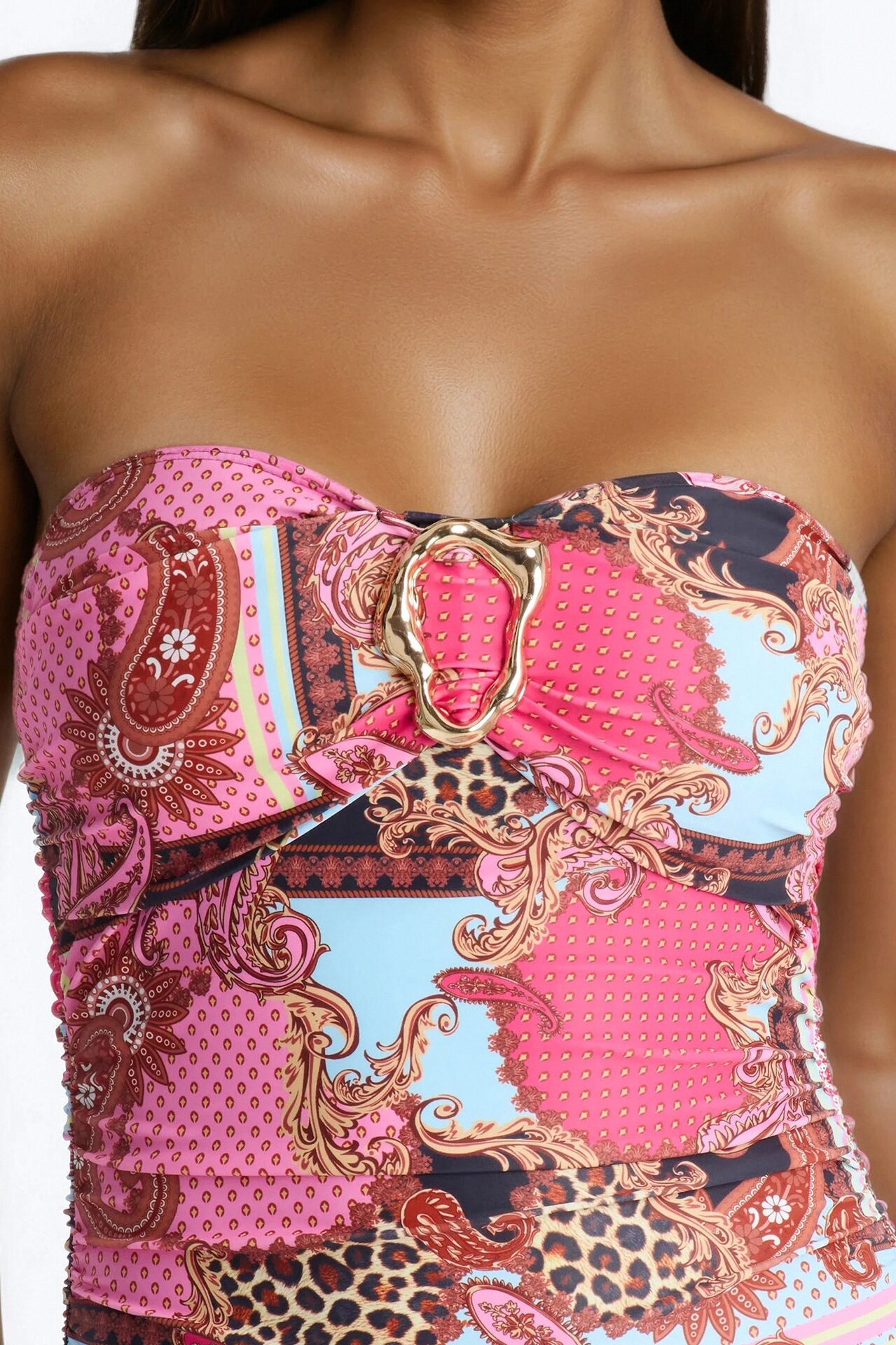 Krista Abstract 1 Piece Strapless Swimsuit & Cover Up Maxi Skirt Set - Pink/combo