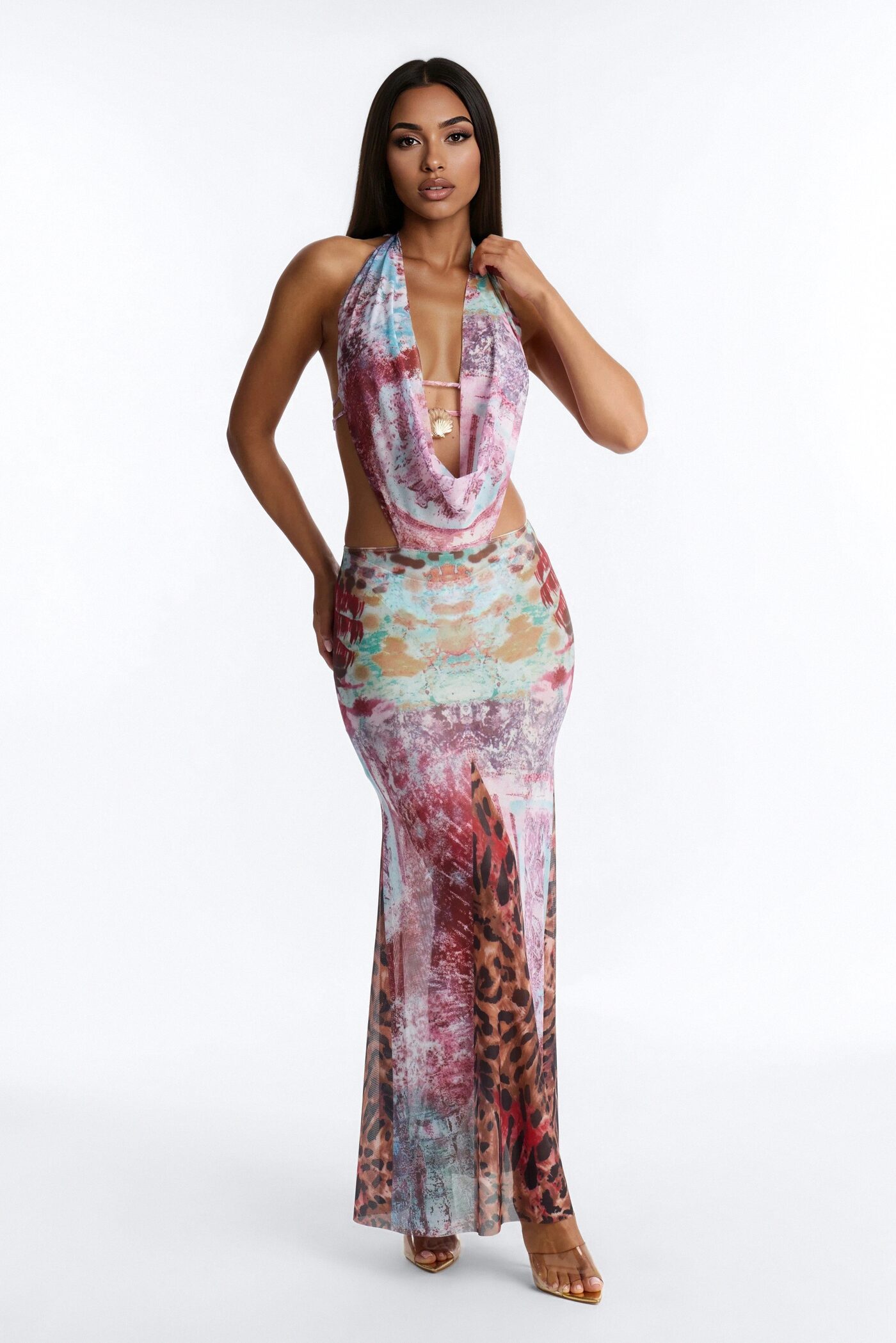 Mia 3 Piece Animal Print Triangle Bikini & Mesh Cover Up Cowl Neck Dress Sunsuit - Multi Color