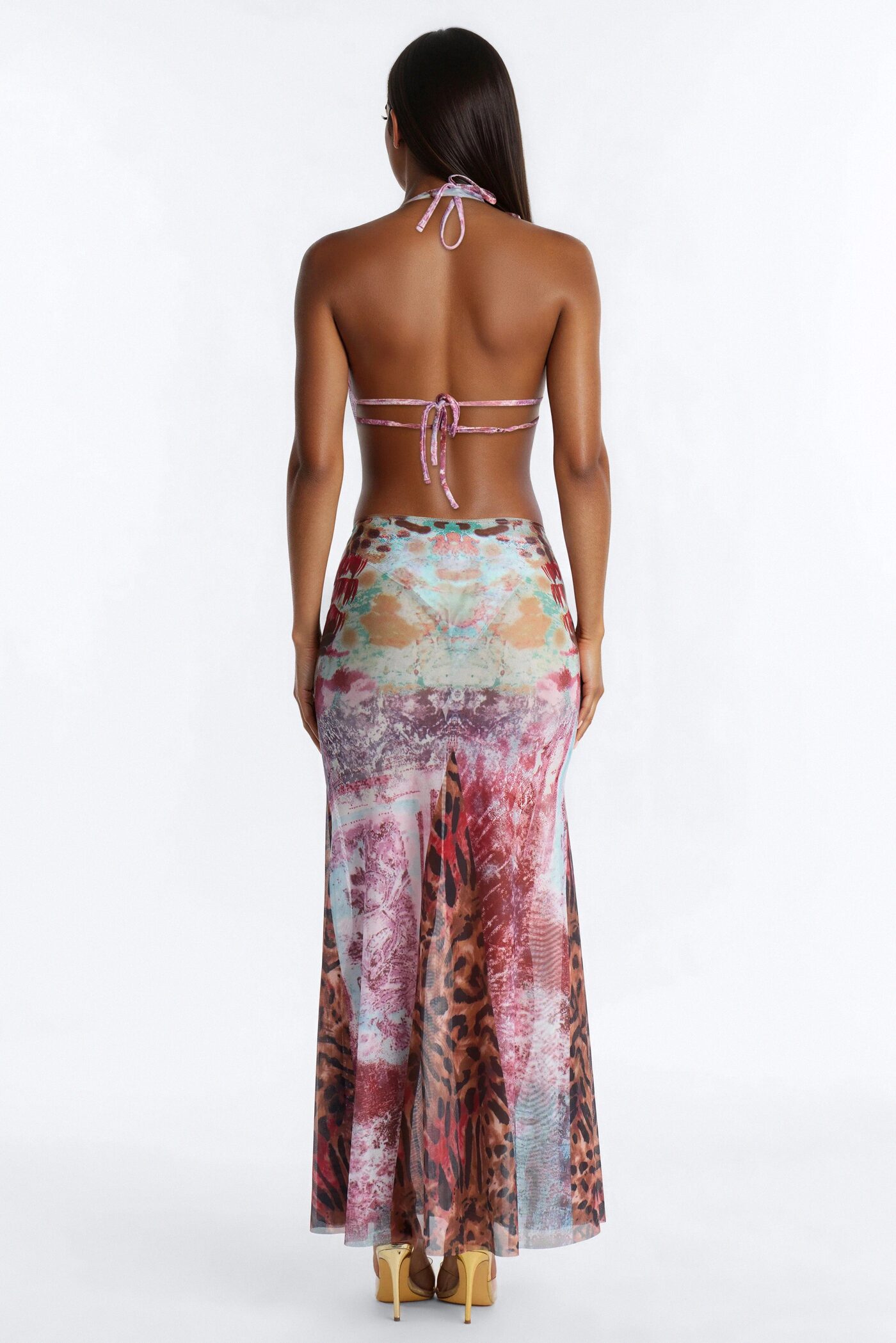Mia 3 Piece Animal Print Triangle Bikini & Mesh Cover Up Cowl Neck Dress Sunsuit - Multi Color