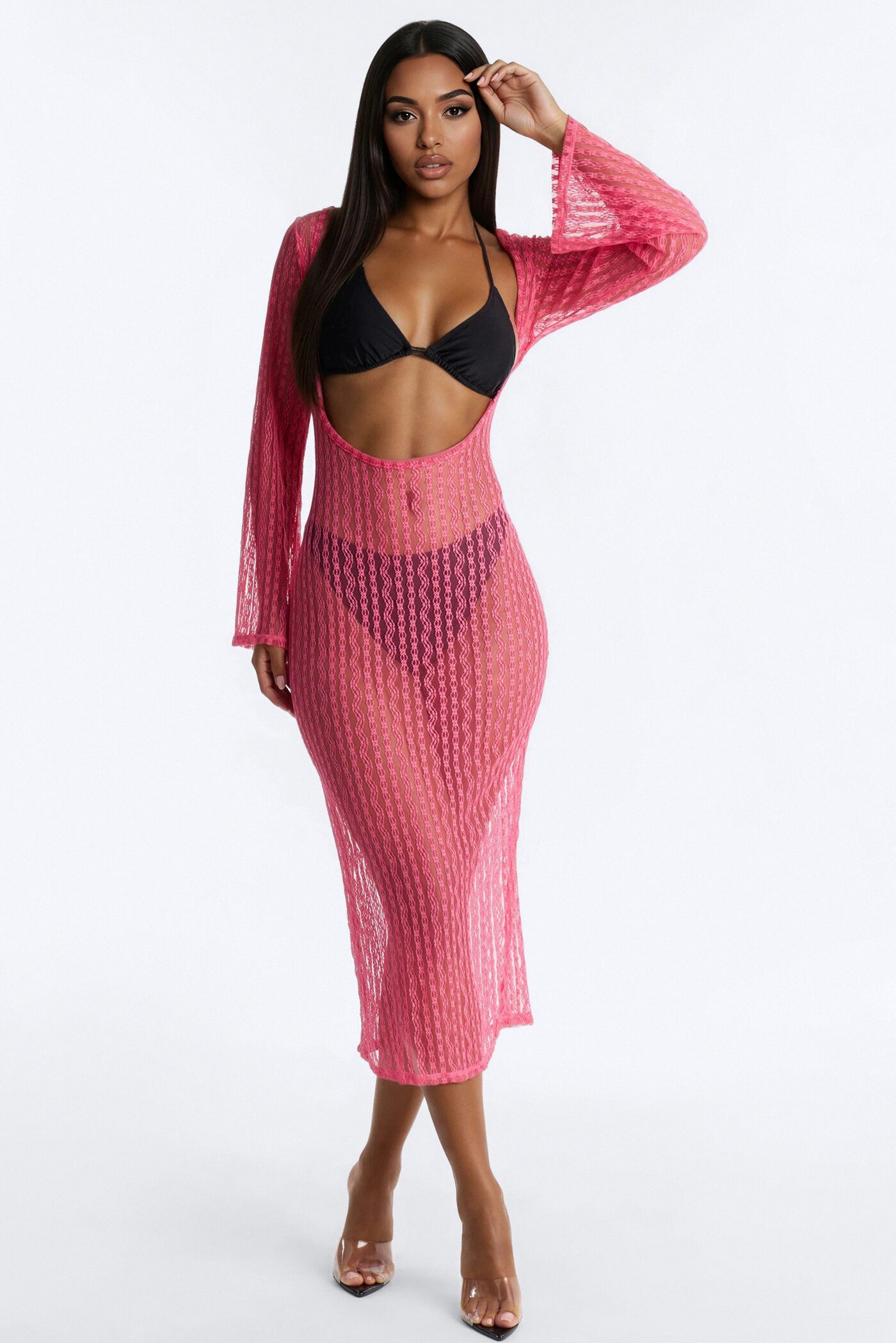 Summer Fling Stripe Lace Scoop Cover Up Maxi Dress - Hot Pink