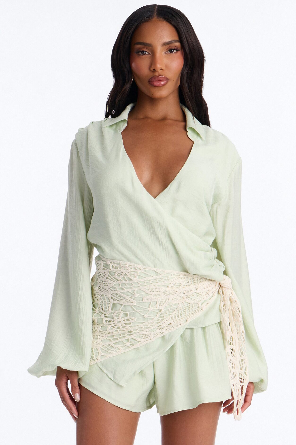 Yolanda 3 Piece Crochet Wrap Short Set - Sage
