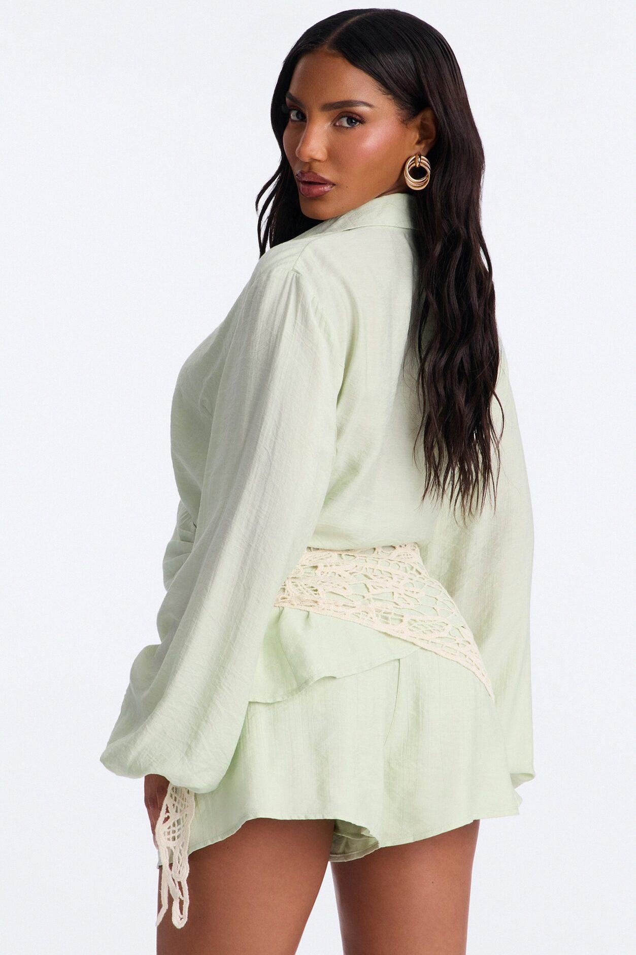 Yolanda 3 Piece Crochet Wrap Short Set - Sage