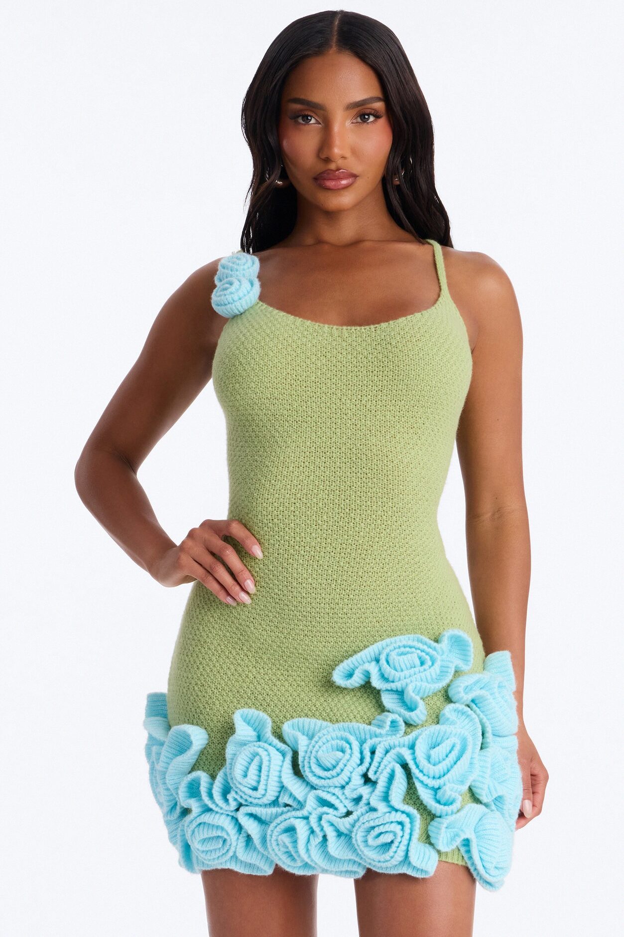 Abigail Spaghetti Strap Sweater Mini Dress - Green/combo