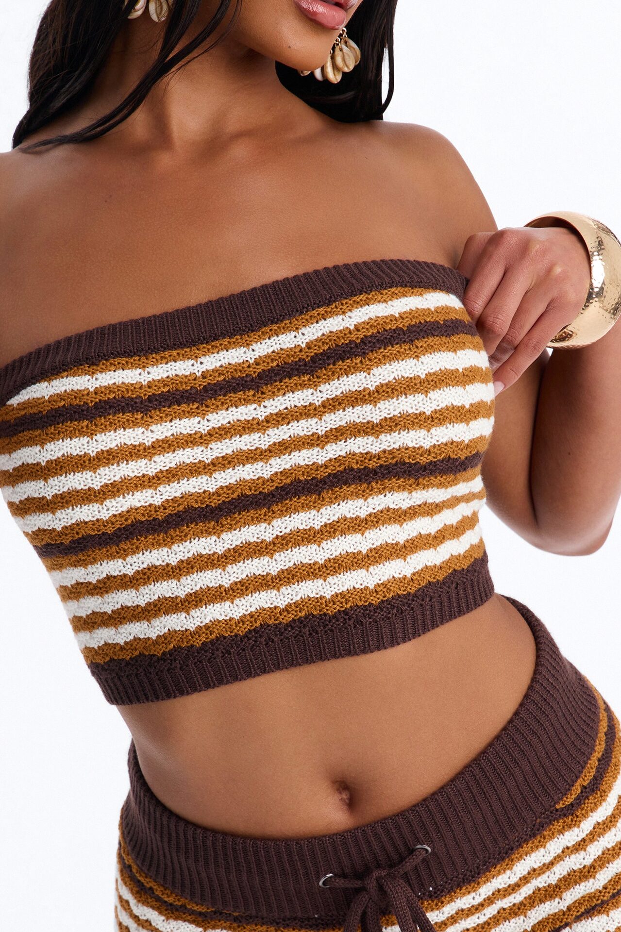 Beth Striped Crochet Short Set - Brown/combo