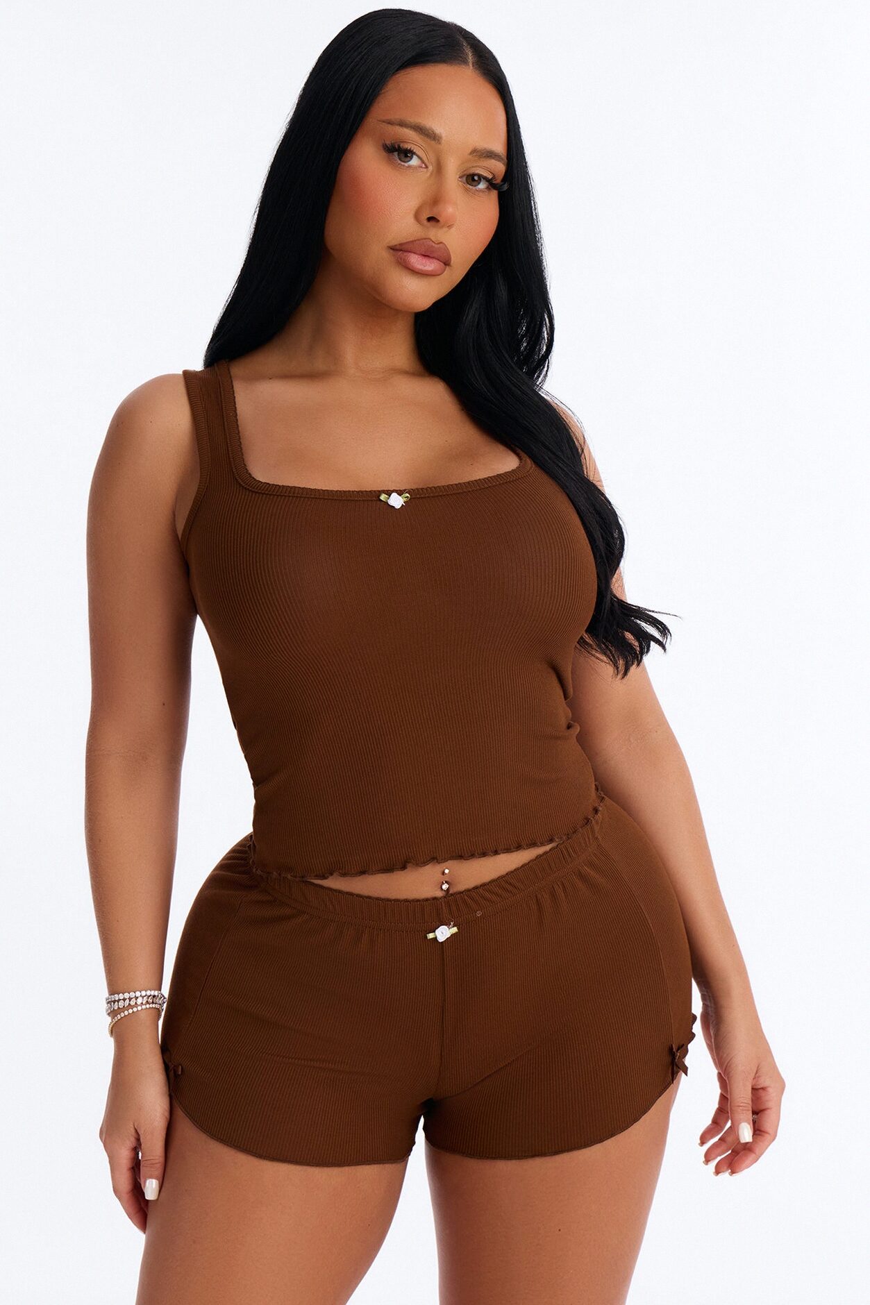 Smooth To Touch Ribbed PJ Short Set - Chocolate