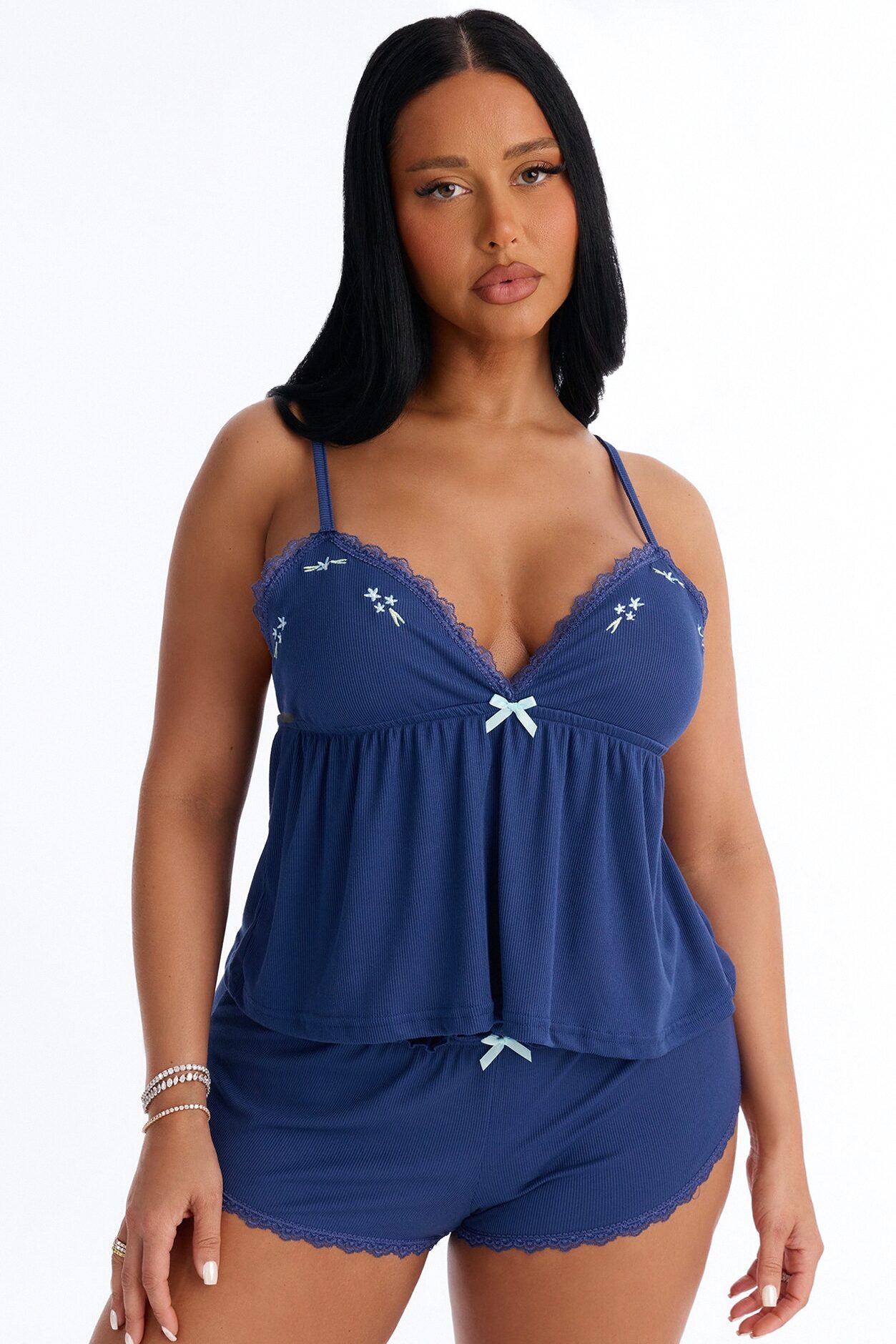 Wish Upon One Ribbed PJ Short Set - Navy