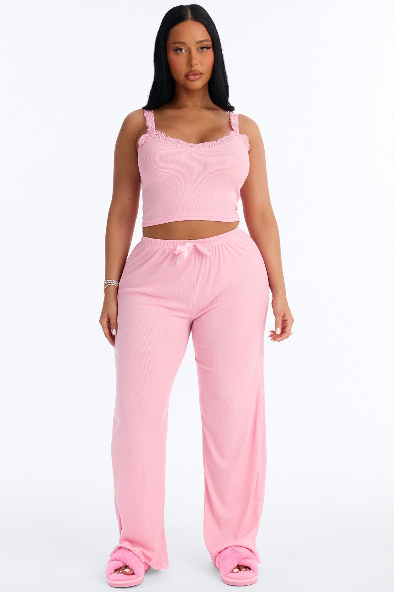 Sleep Late Ribbed PJ Pant Set - Pink