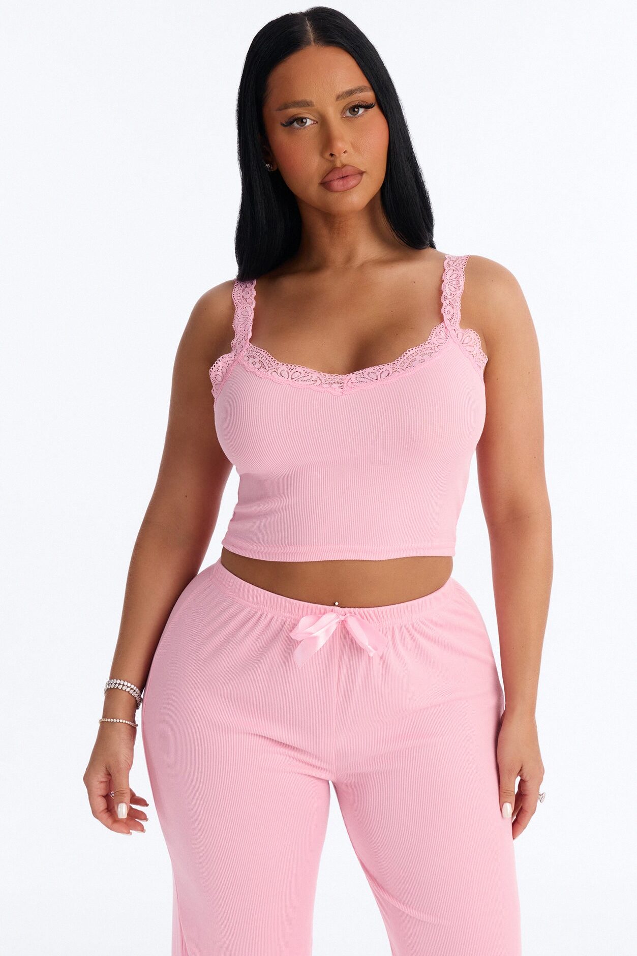 Sleep Late Ribbed PJ Pant Set - Pink