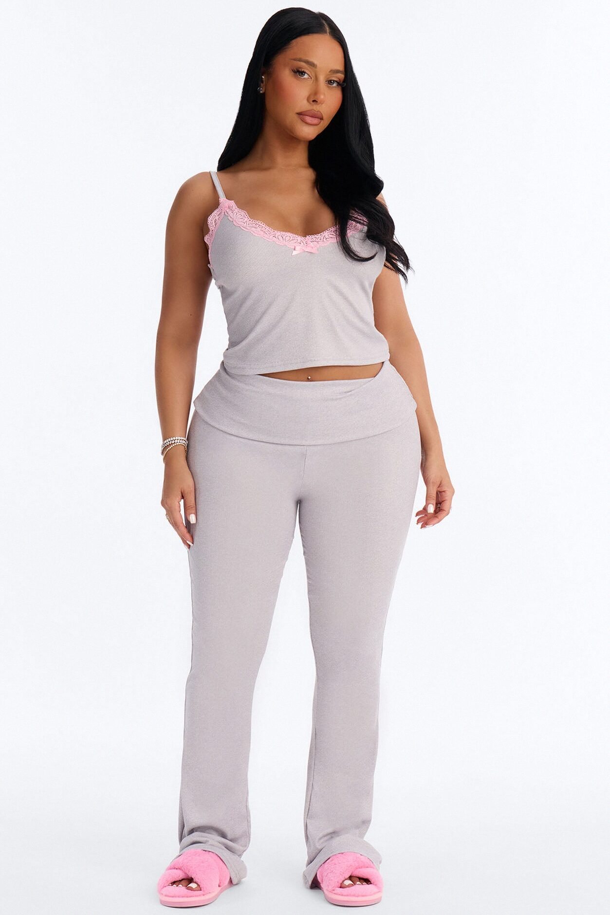 Falling For You Foldover PJ Pant Set - Heather Grey