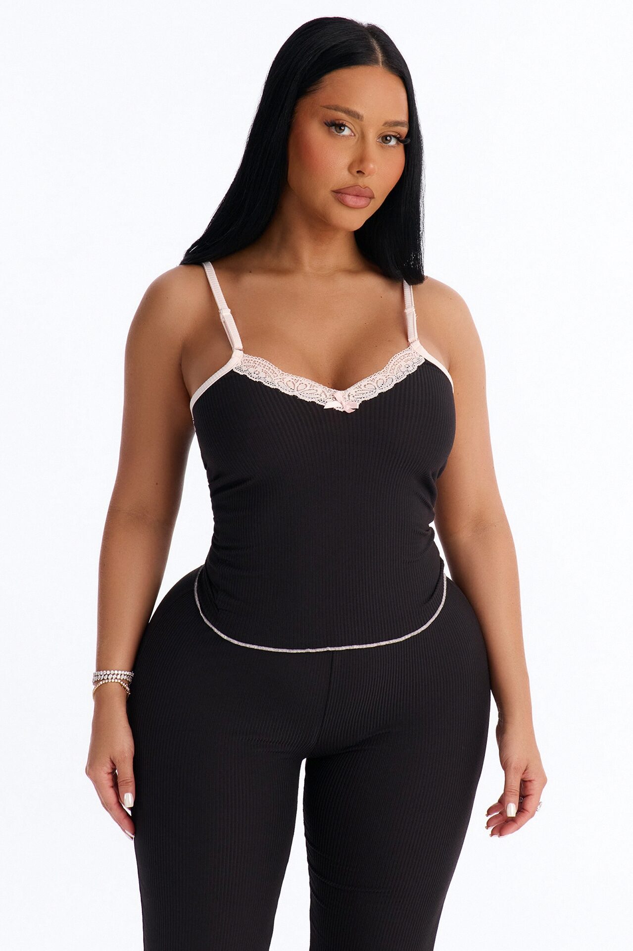 Always On My Mind Ribbed PJ Pant Set - Black/Pink