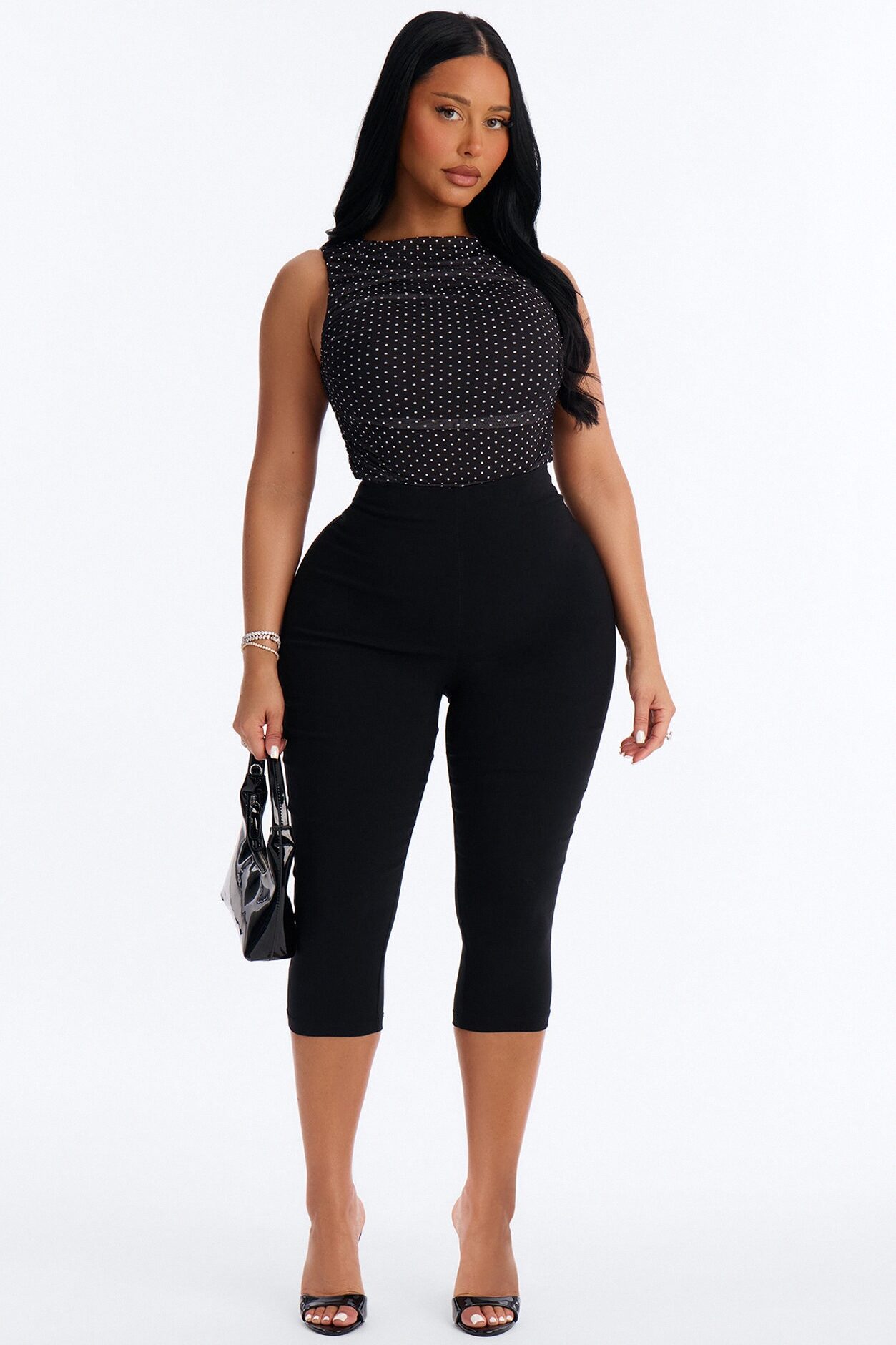 Maggie Polka Dot Mesh Ruched Sleeveless Bodysuit - Black/combo