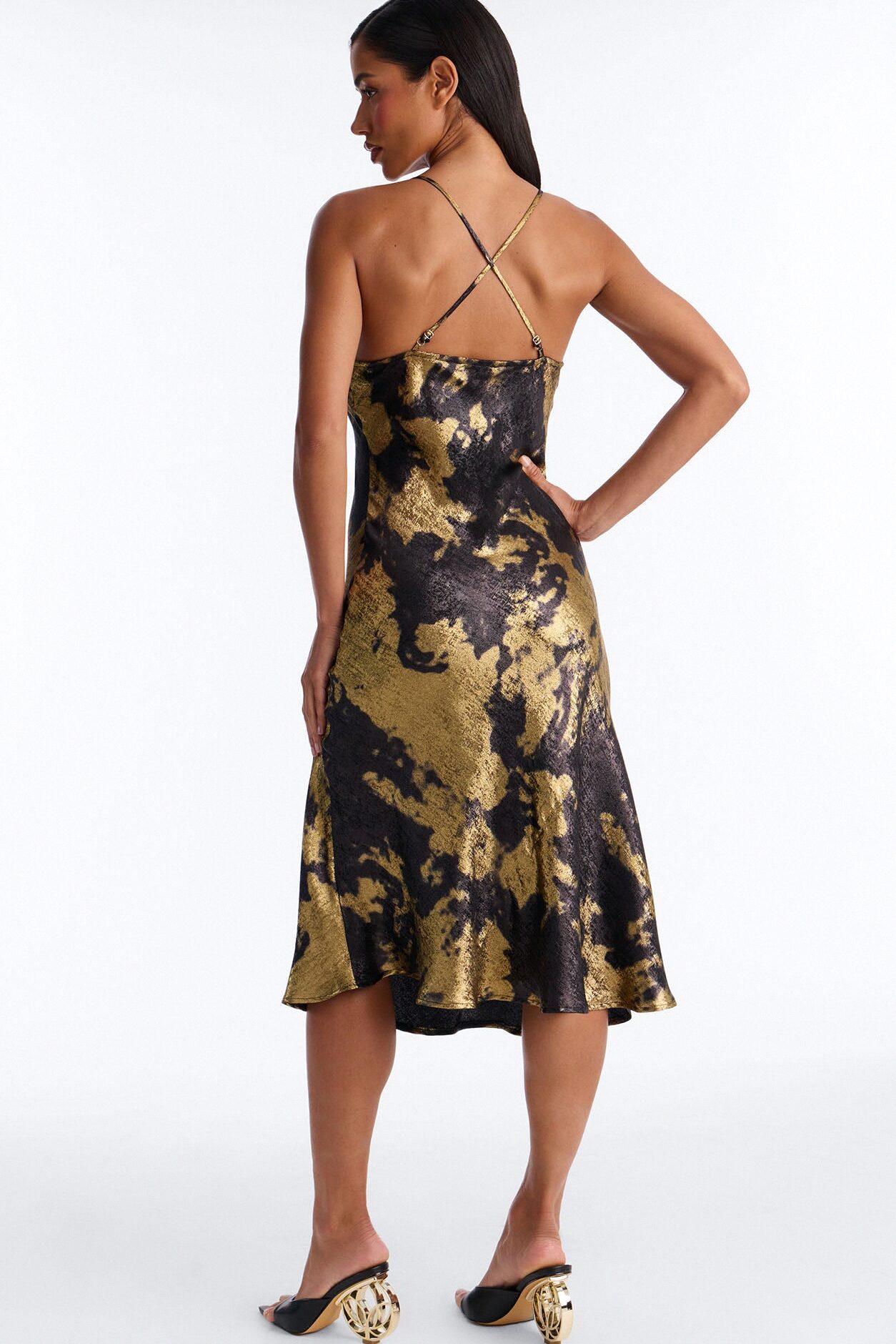 Elya Metallic Satin Midi Dress - Black/Gold