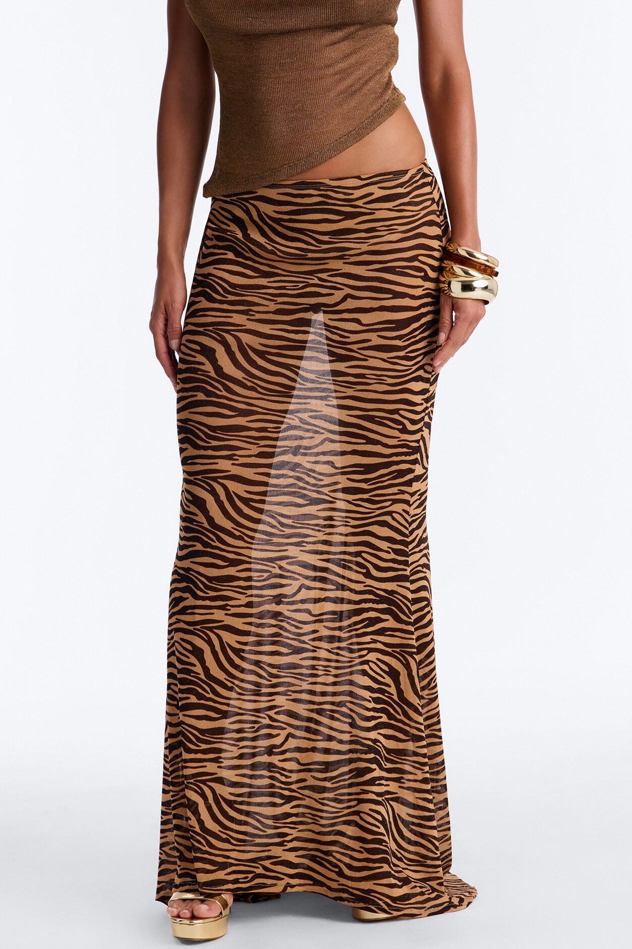 Feeling Fierce Shimmer Tiger Mesh Maxi Skirt - Brown/combo
