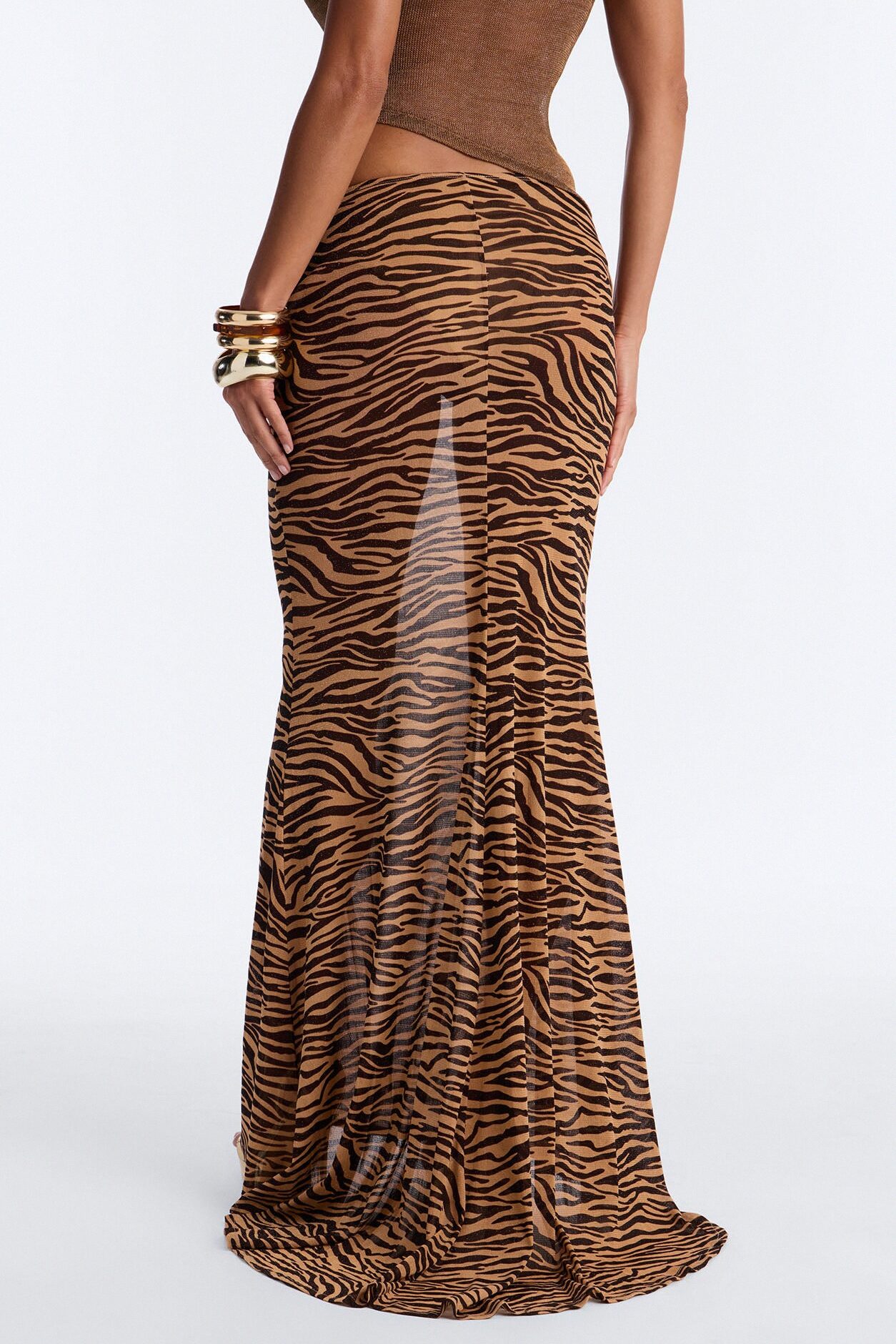 Feeling Fierce Shimmer Tiger Mesh Maxi Skirt - Brown/combo