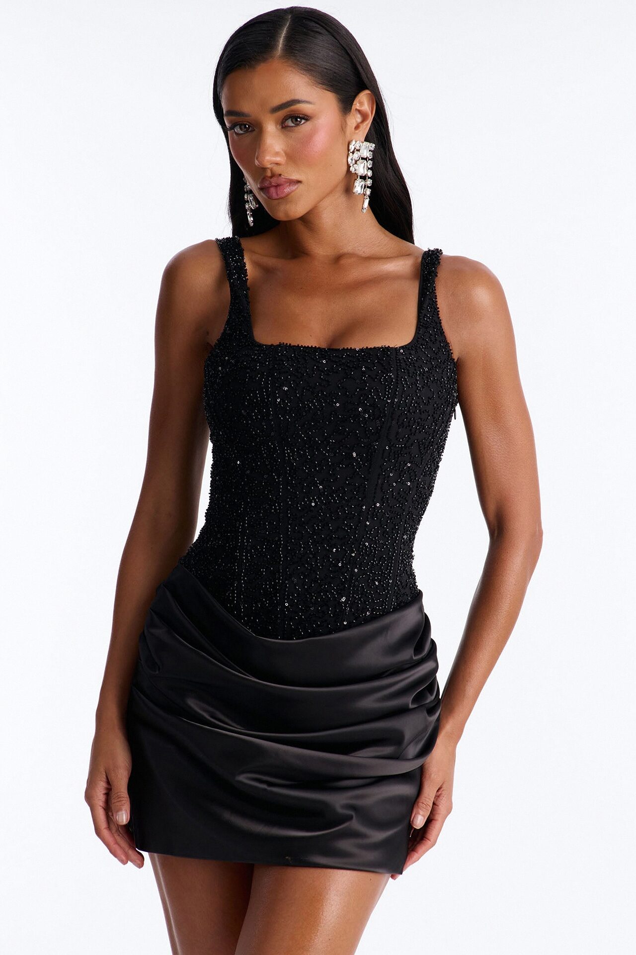 Kylee Embellished Draped Mini Dress - Black