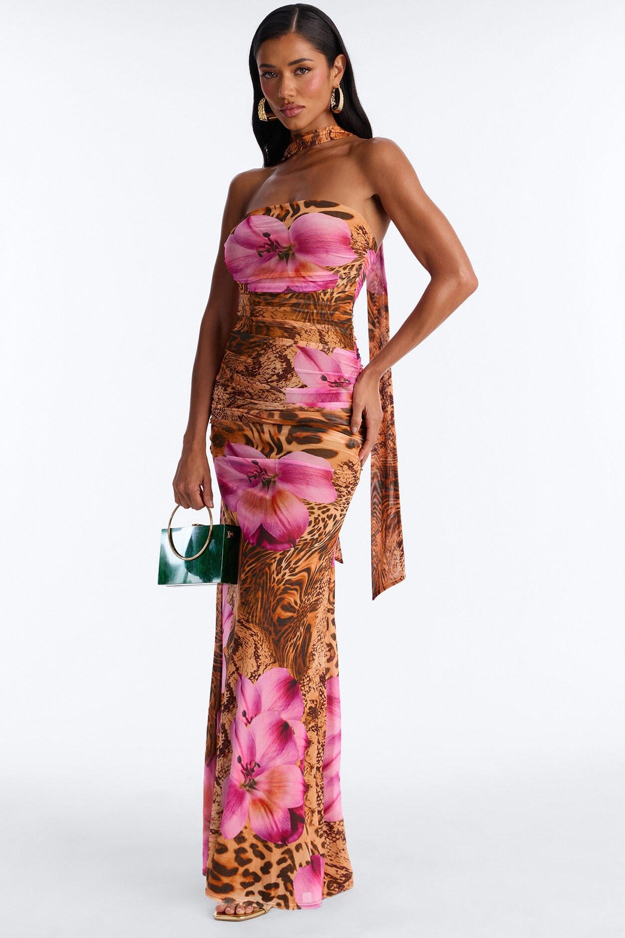 Gianna Ruched Mesh Maxi Dress - Brown/combo