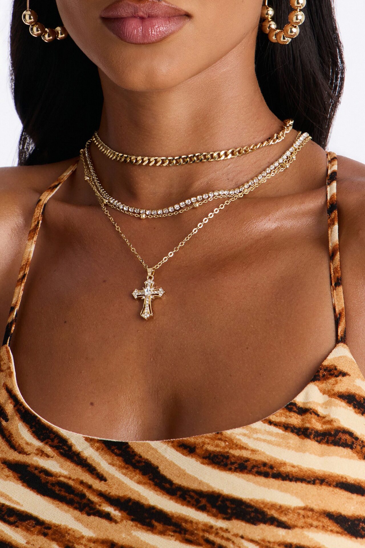 High Values Rhinestone Layered Necklace - Gold
