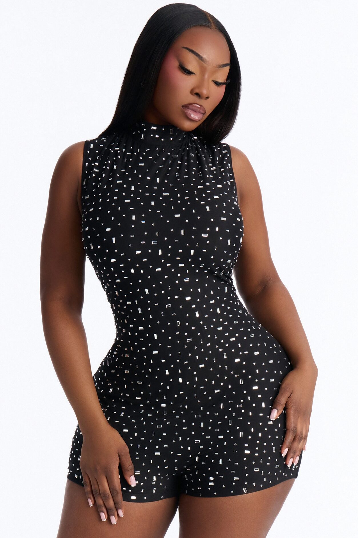 Shinning Lights Mock Neck Sleeveless Romper - Black