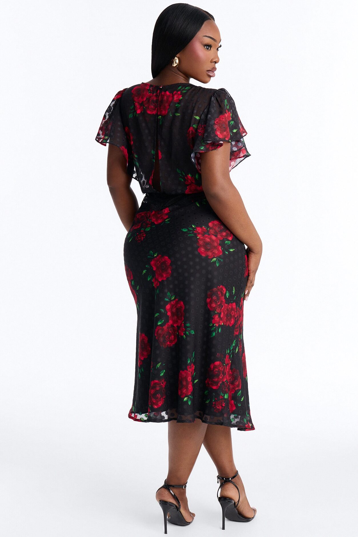 Isabella Floral Polka Dot Chiffon Midi Dress - Black/Red