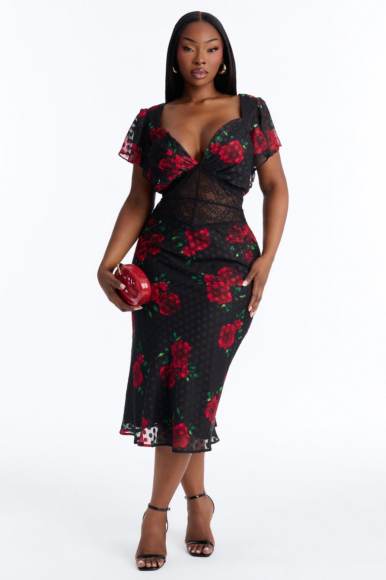 Isabella Floral Polka Dot Chiffon Midi Dress - Black/Red