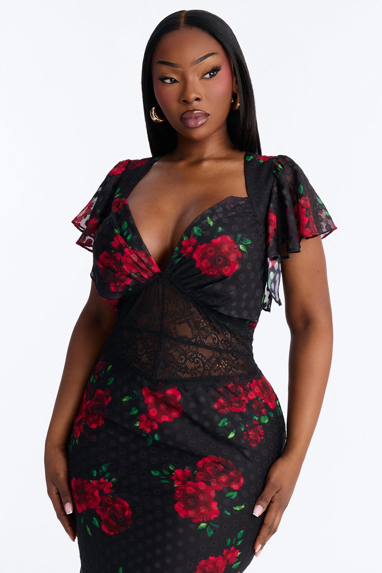 Isabella Floral Polka Dot Chiffon Midi Dress - Black/Red