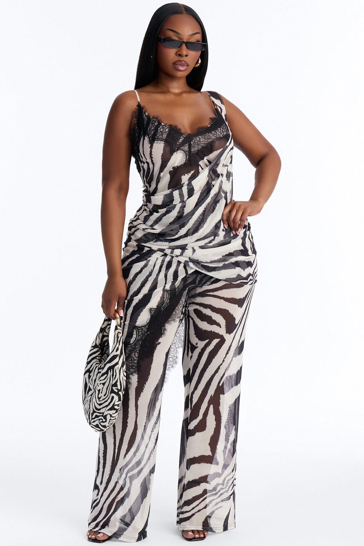 Jules Zebra Lace Mesh Pant Set - Black/White